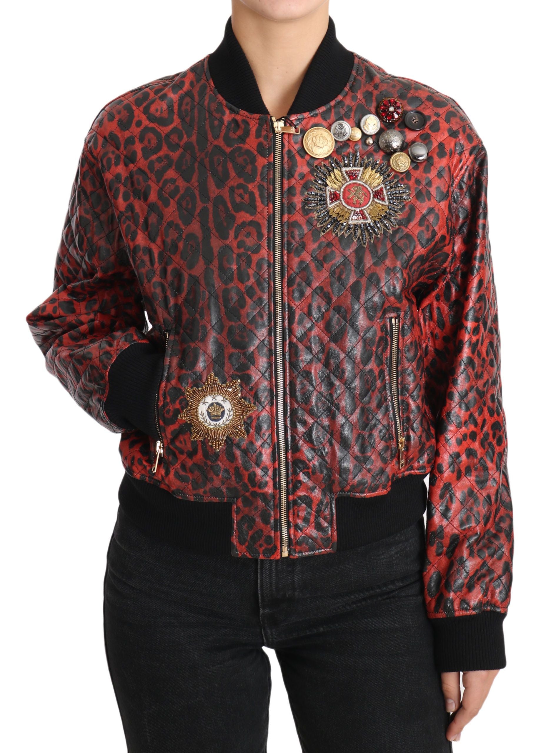Dolce & Gabbana Blouson Bomber en Cuir Rouge Léopard avec Boutons en Cristal