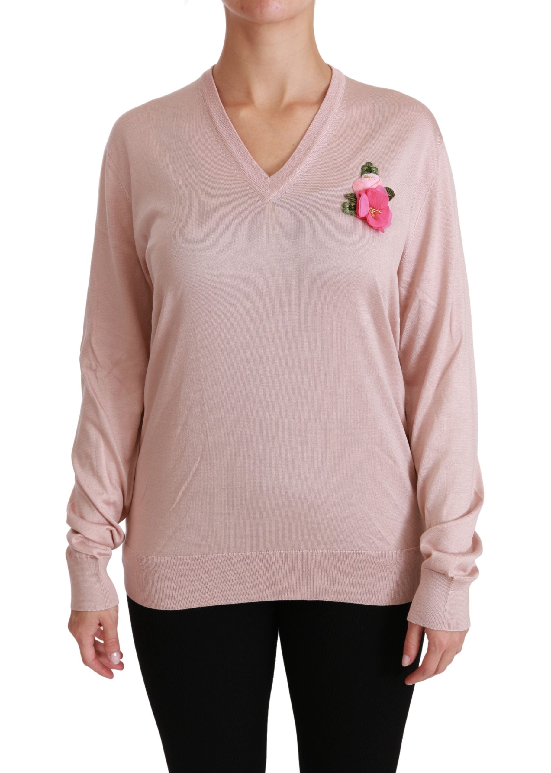 Dolce & Gabbana – Rosa Seidenpullover mit V-Ausschnitt und Blumenmuster