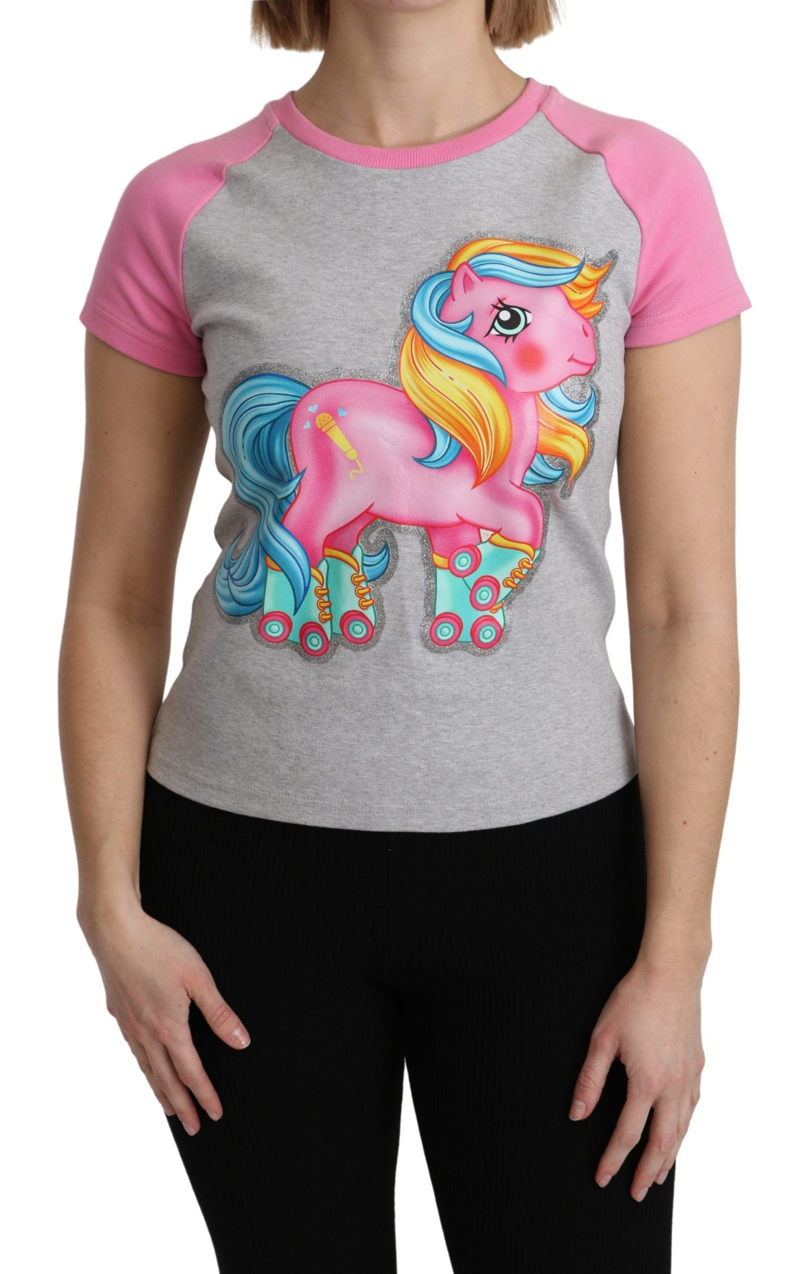 T-shirt ras du cou gris en coton Moschino Chic avec des touches de rose