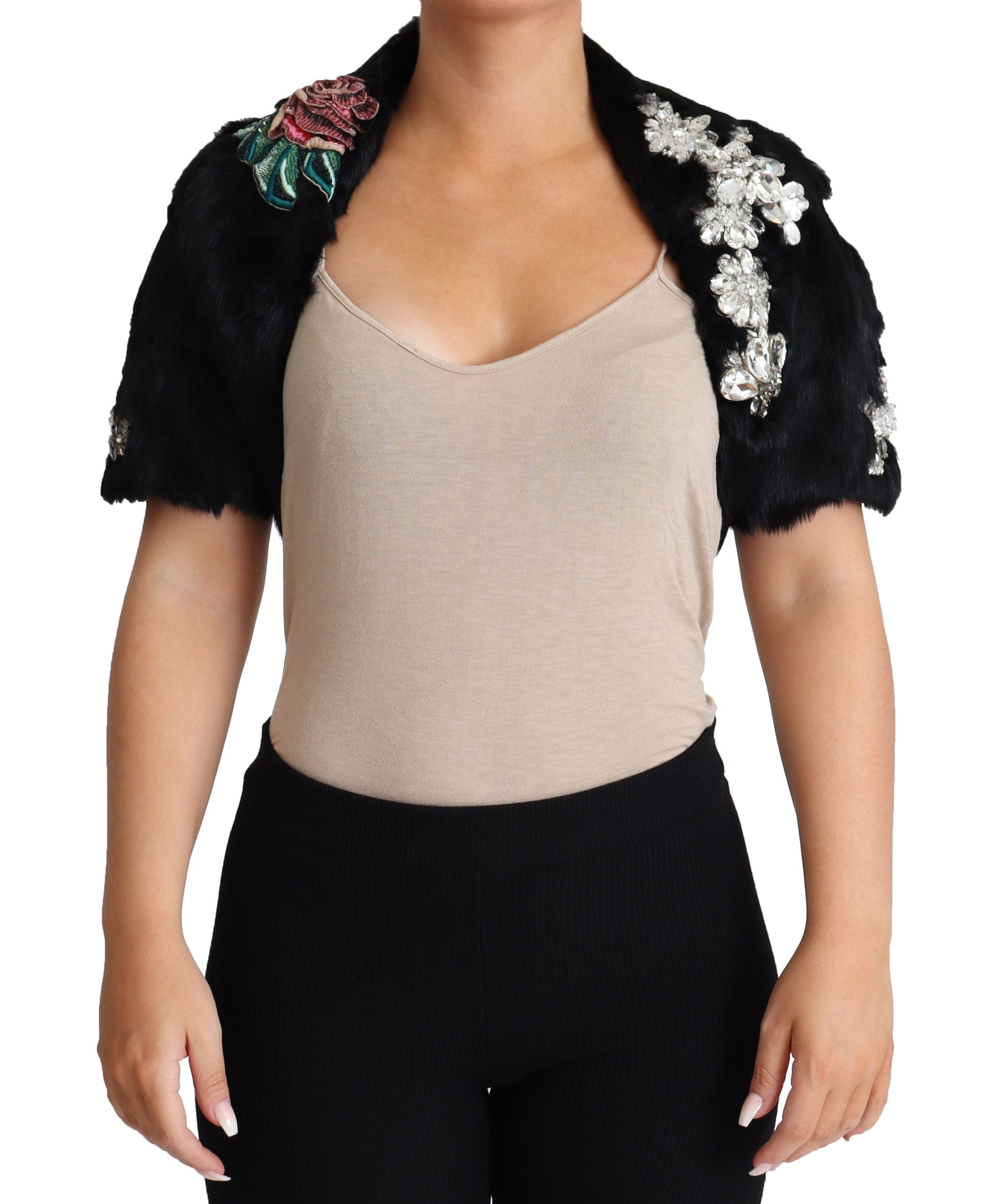 Dolce & Gabbana Elegante schwarze Jacke aus Kaninchenfell mit Kristallen
