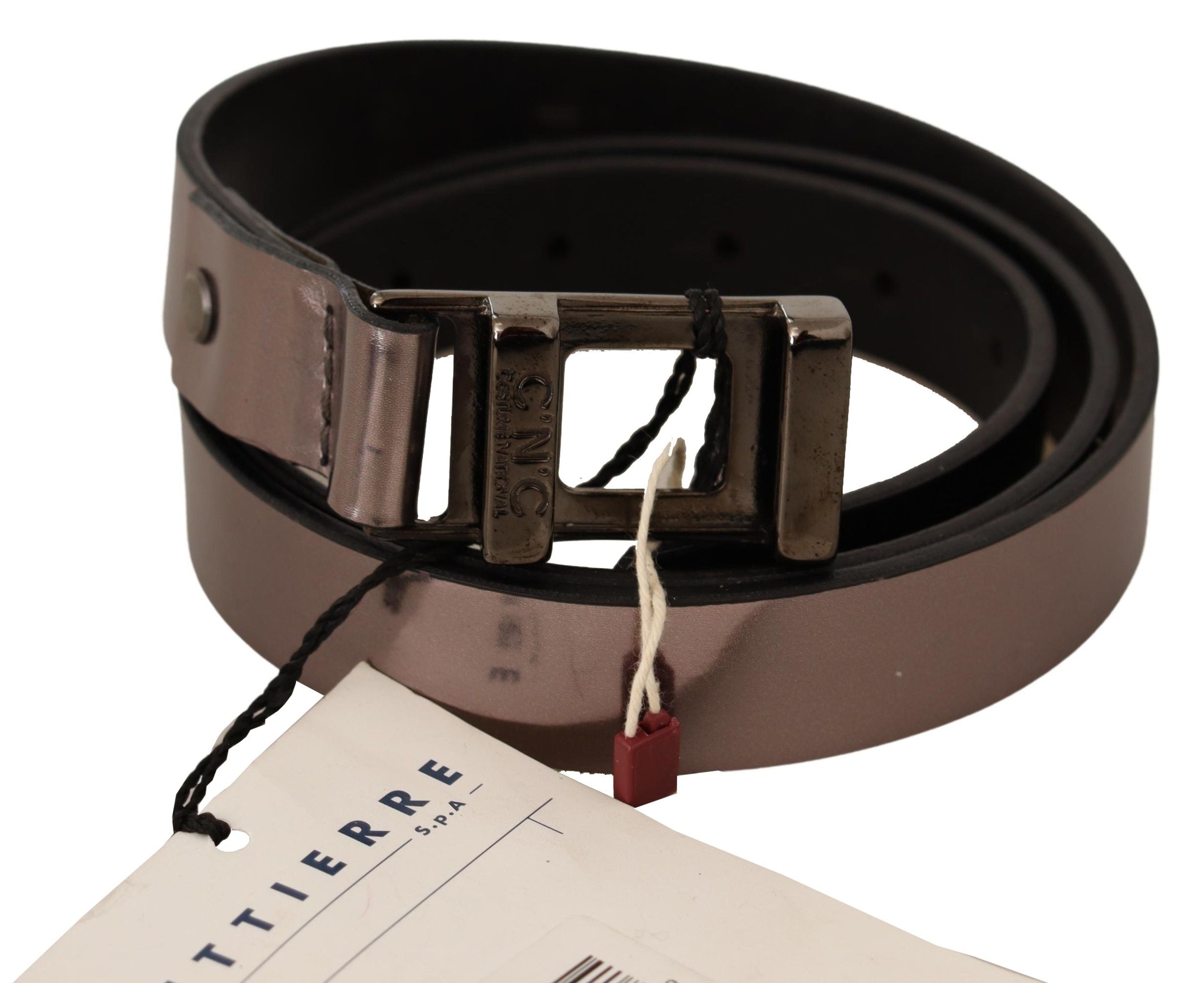 Costume National Chic Gürtel aus rosafarbenem Metallic-Leder mit bronzefarbener Schnalle
