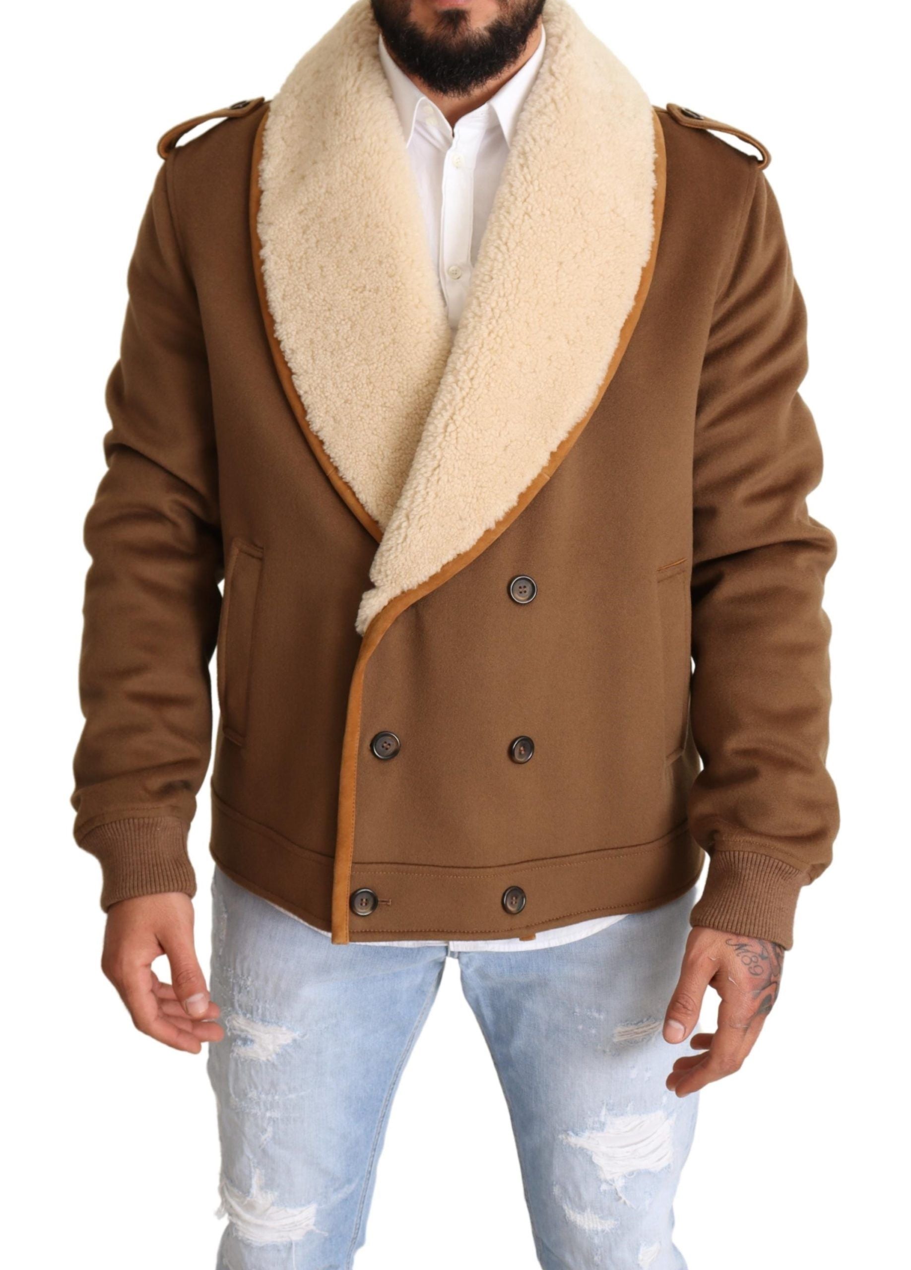 Dolce & Gabbana - Manteau croisé en peau lainée marron
