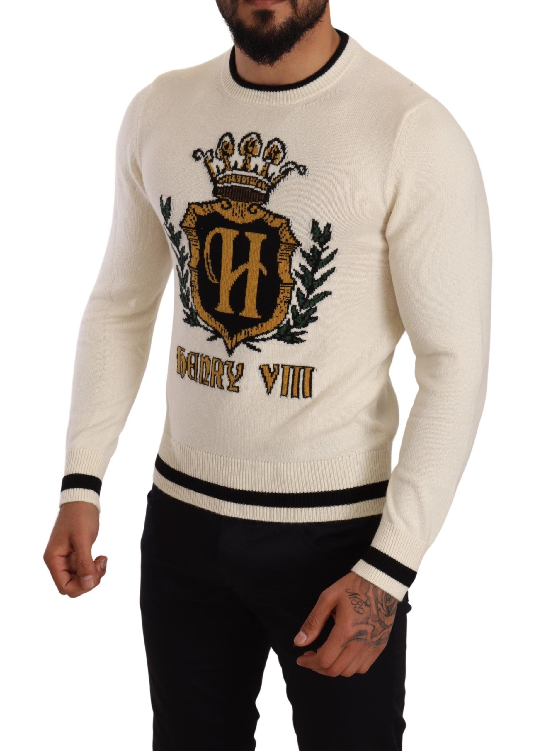 Dolce & Gabbana White Heraldic Cashmere Pullover Sweater