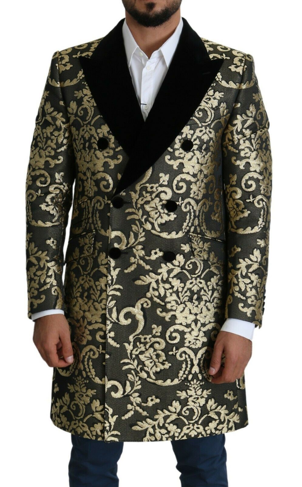 Manteau croisé en jacquard Sicilia doré et noir Dolce & Gabbana