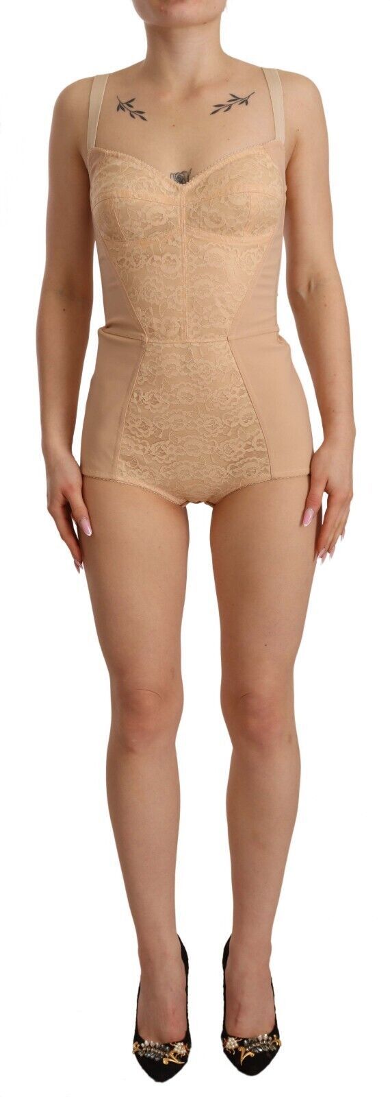 Dolce & Gabbana – Beigefarbener Stretch-Body mit Spitzeneinsatz