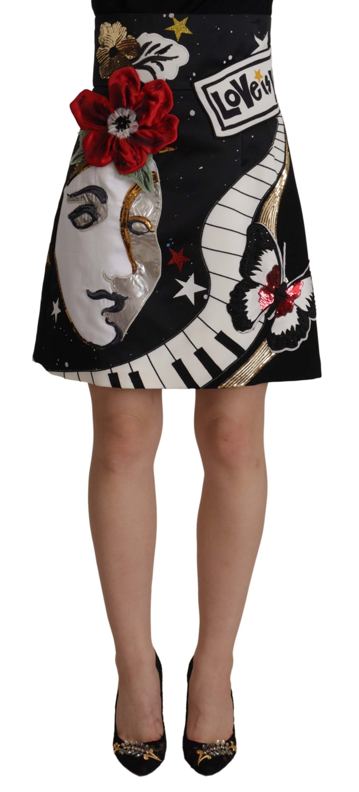 Dolce & Gabbana – Verzierter schwarzer A-Linien-Rock mit hoher Taille