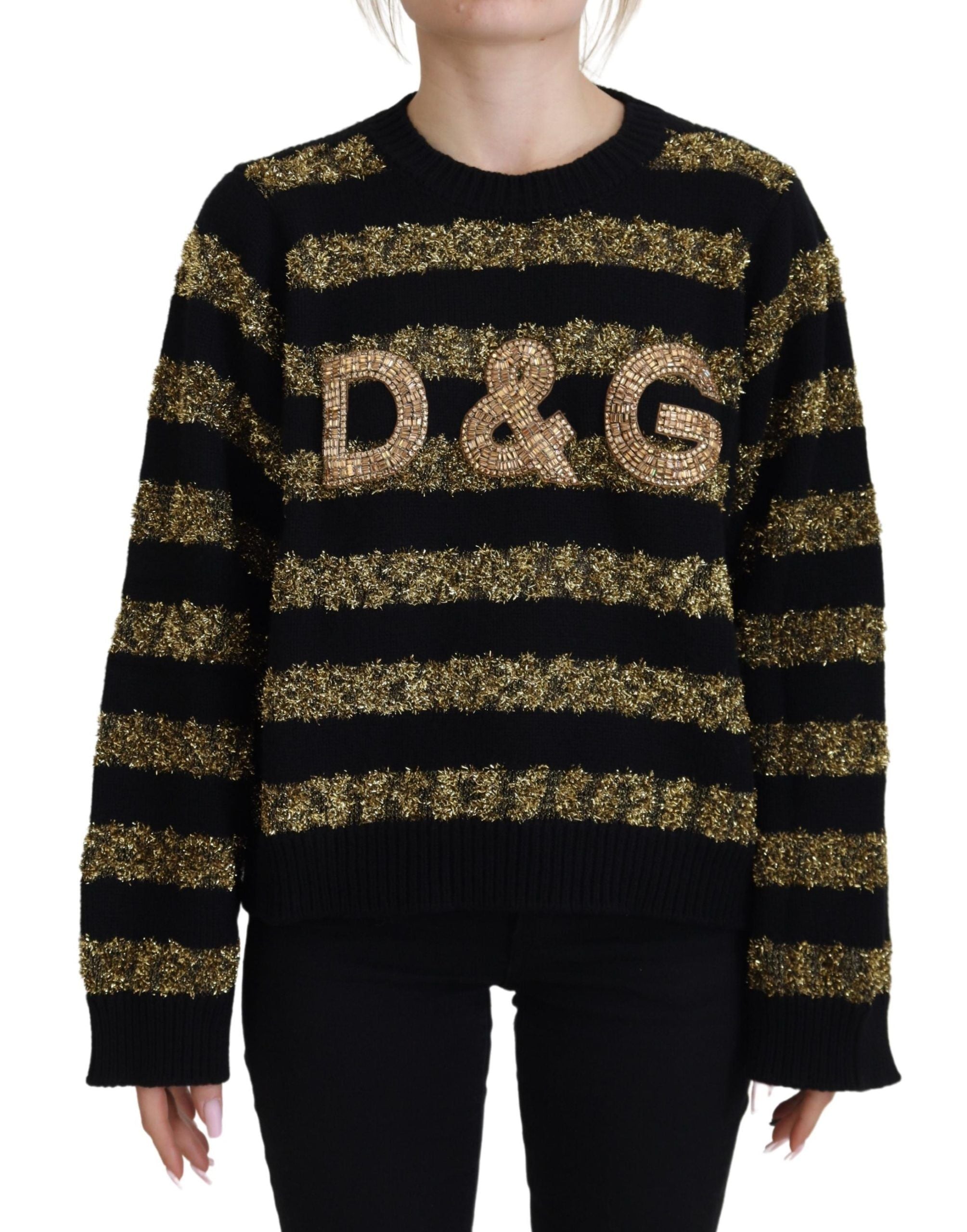 Dolce & Gabbana Eleganter Pullover mit schwarzem und goldenem Kristall