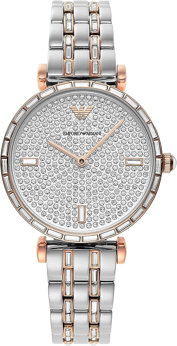 Emporio Armani – Elegante, zweifarbige Armbanduhr mit Kristallpavé