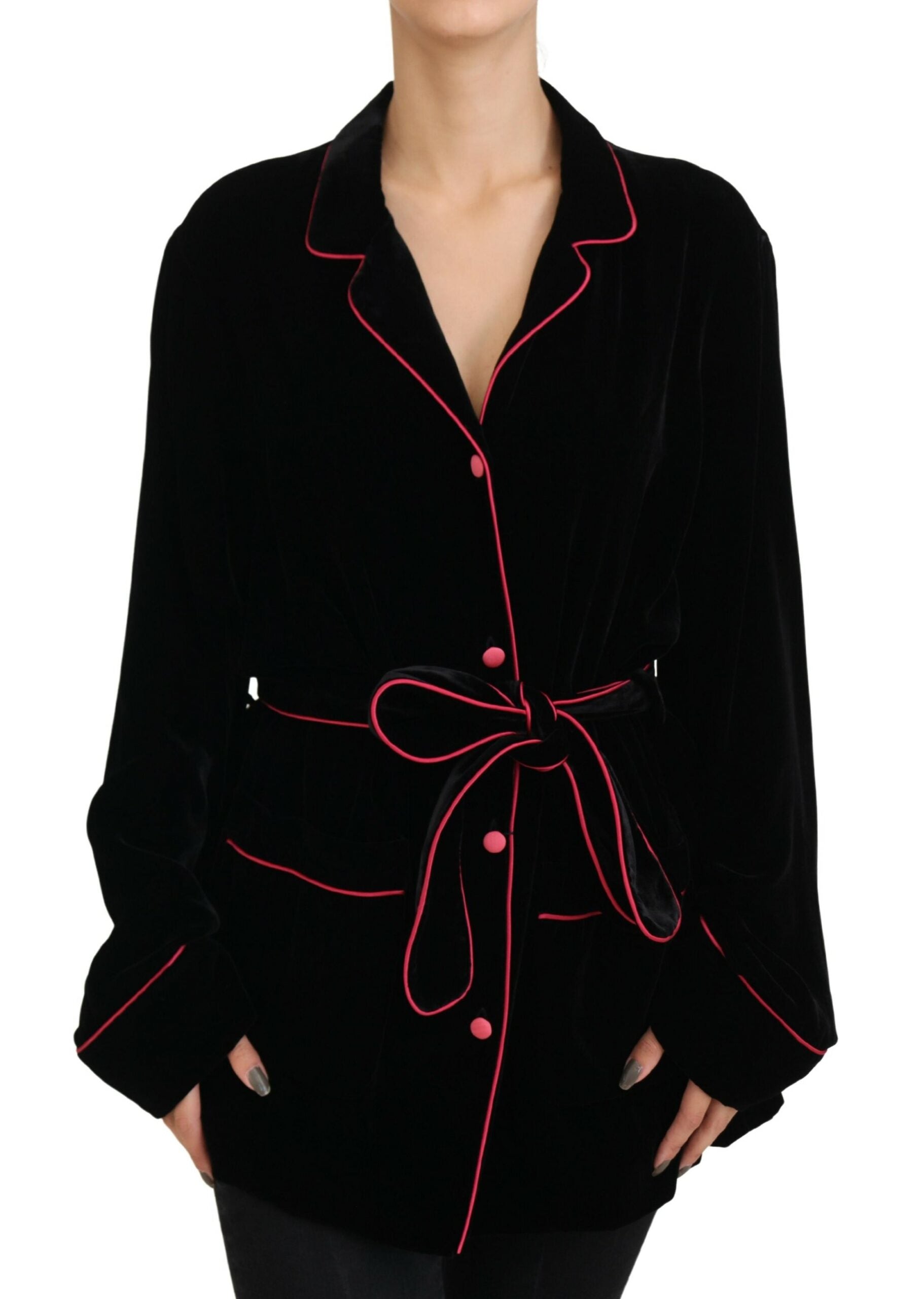 Dolce & Gabbana Élégante veste en soie mélangée noire avec ceinture à la taille