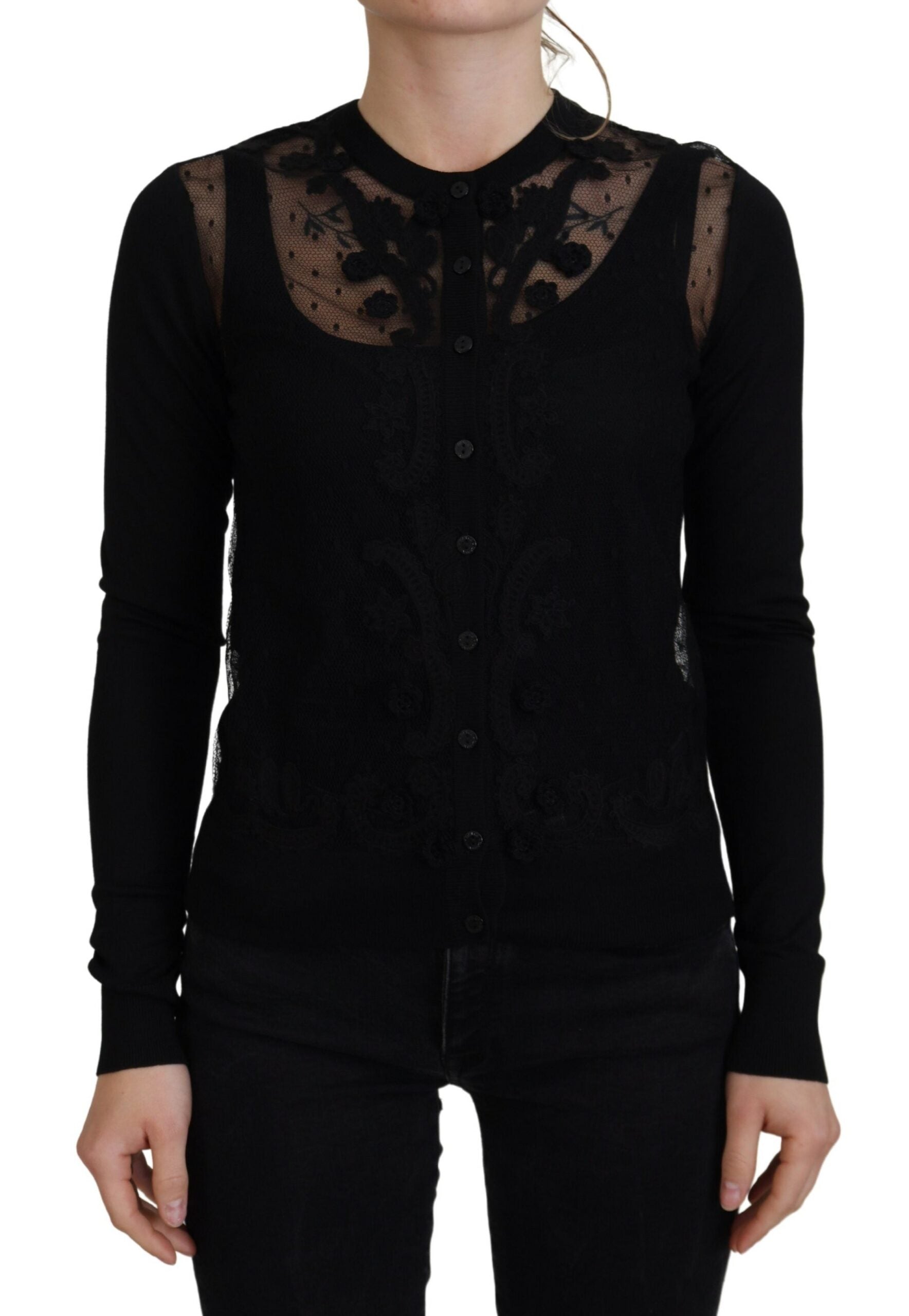 Dolce & Gabbana Eleganter schwarzer Cardigan-Pullover mit Blumenspitze