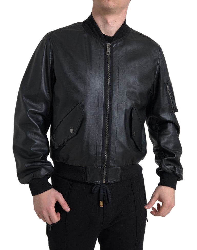 Dolce & Gabbana Élégant blouson aviateur en cuir noir