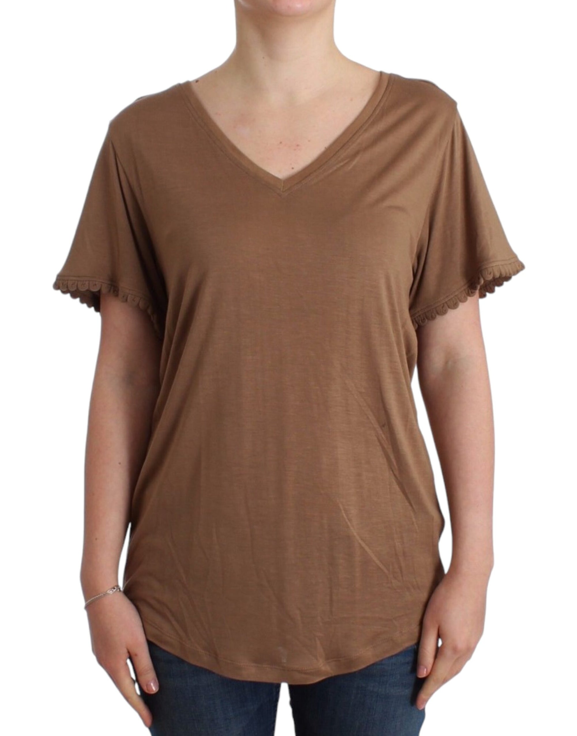 John Galliano Elegantes kurzärmeliges braunes Rayon-Top - Siebentaschen