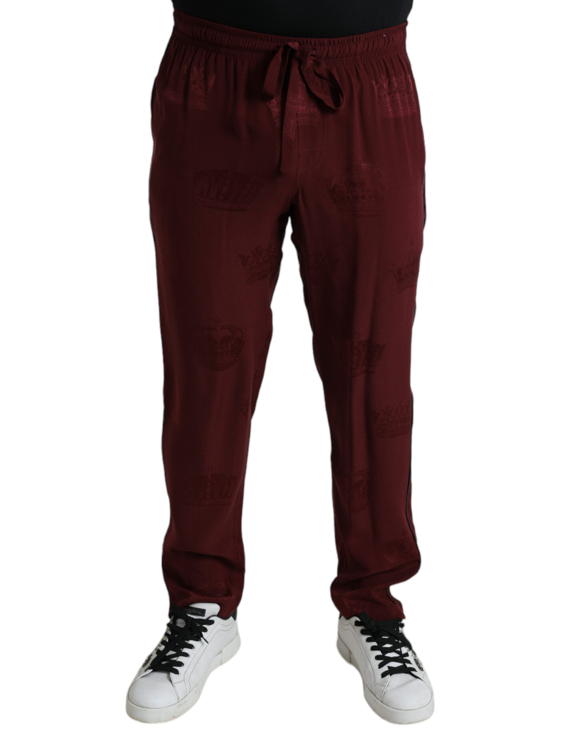 Dolce & Gabbana – Elegante Pyjamahose aus kastanienbrauner Seide mit Kronenmotiv
