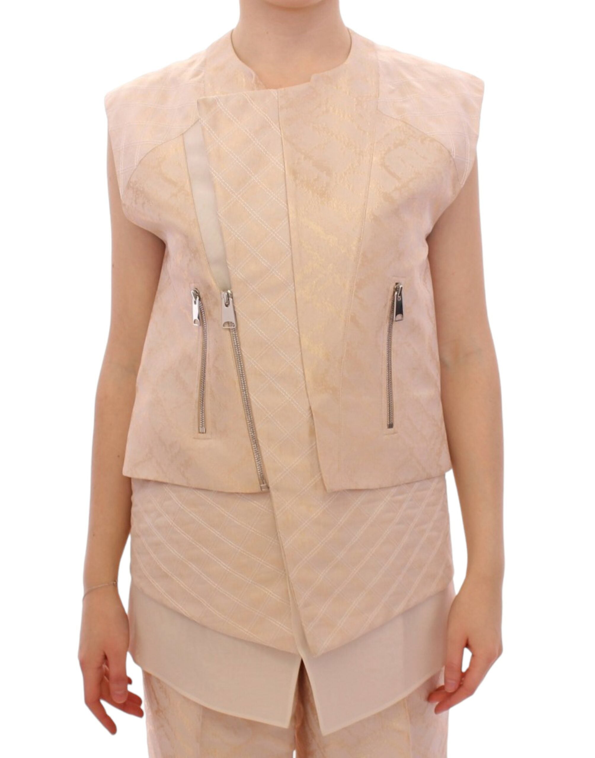 Veste sans manches en brocart beige exquis Zeyneptosun