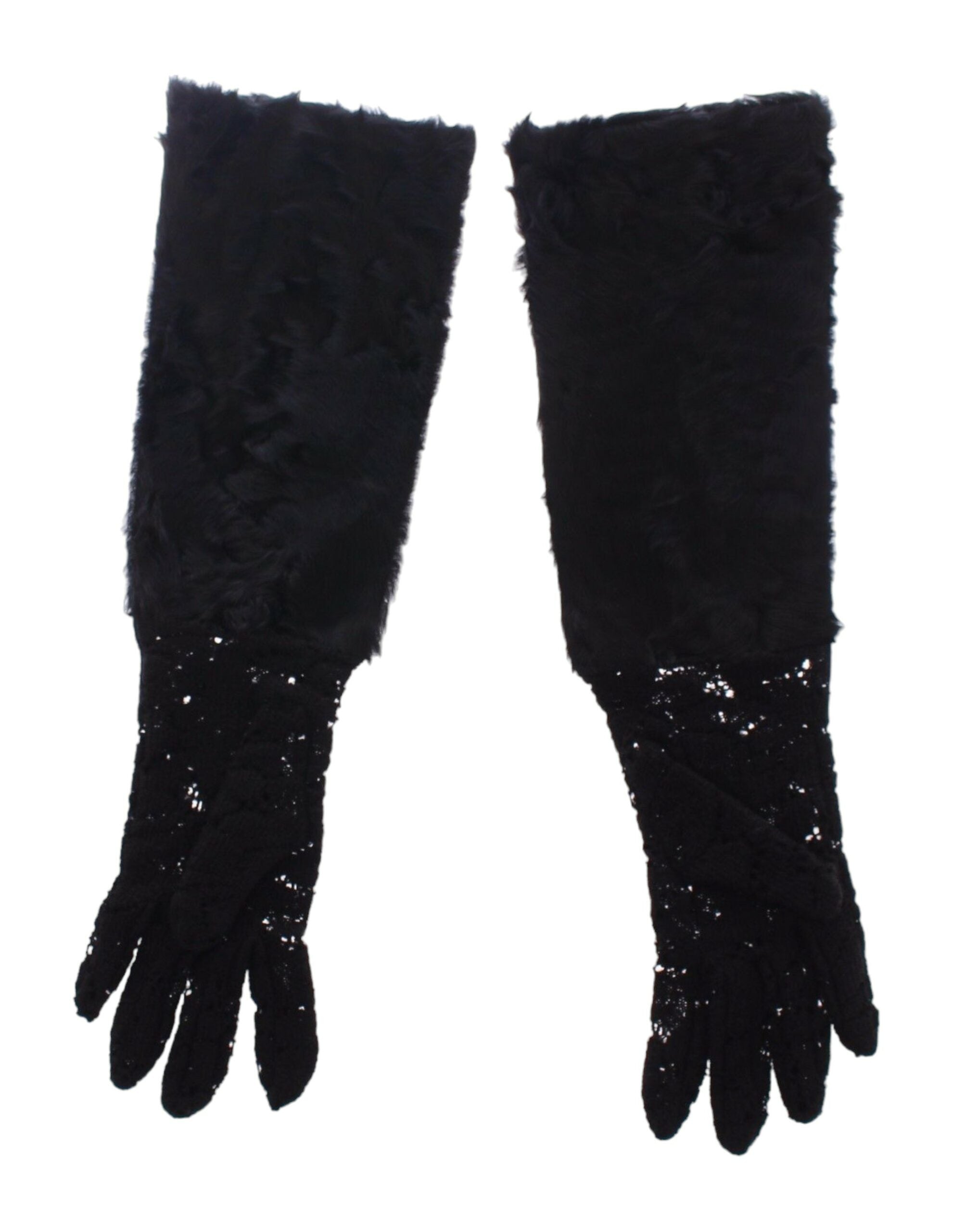 Gants de coude en laine noire, dentelle et fourrure d'agneau Dolce & Gabbana