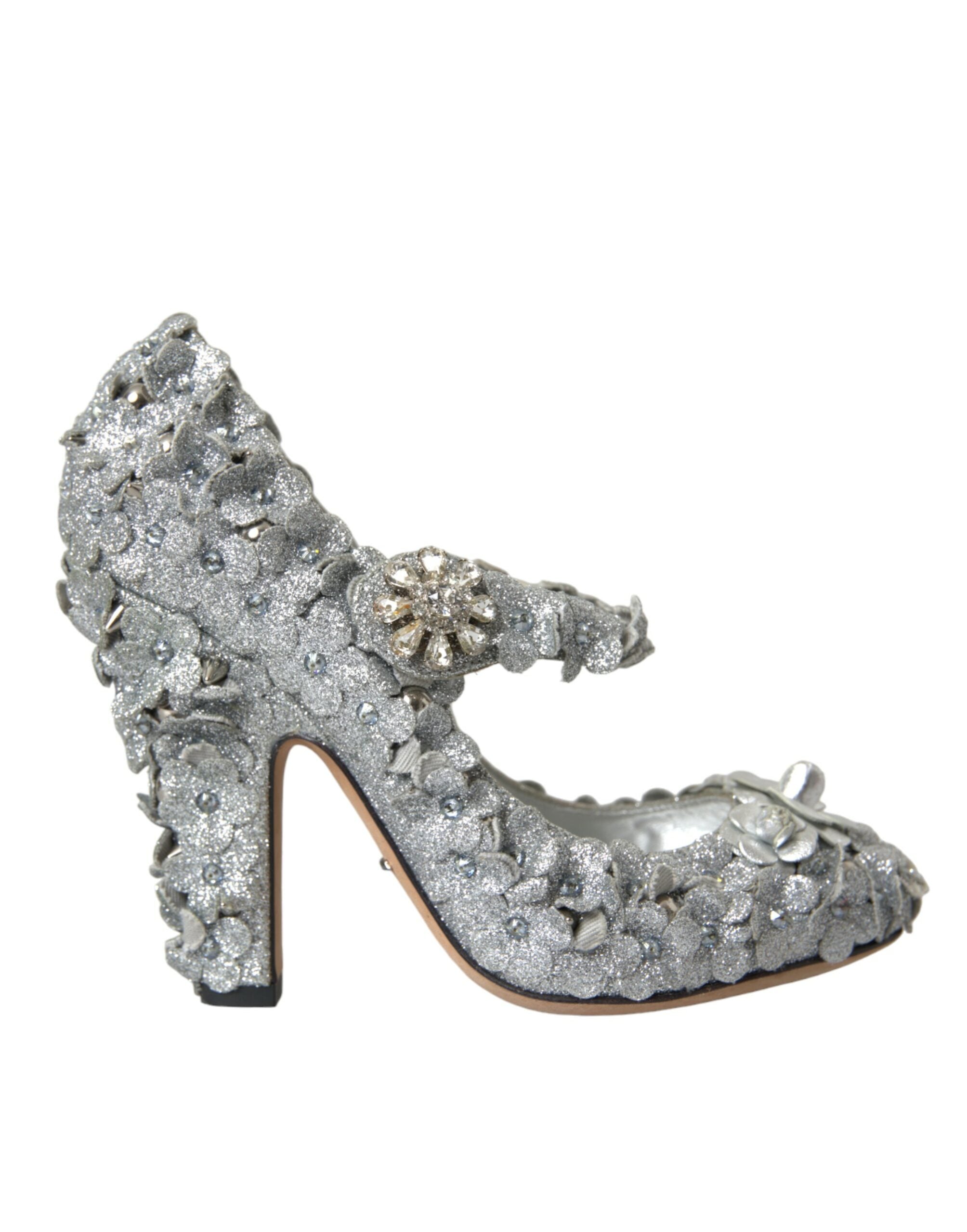 Dolce & Gabbana – Silberne Mary-Jane-Pumps mit Blumenmuster und Kristallen