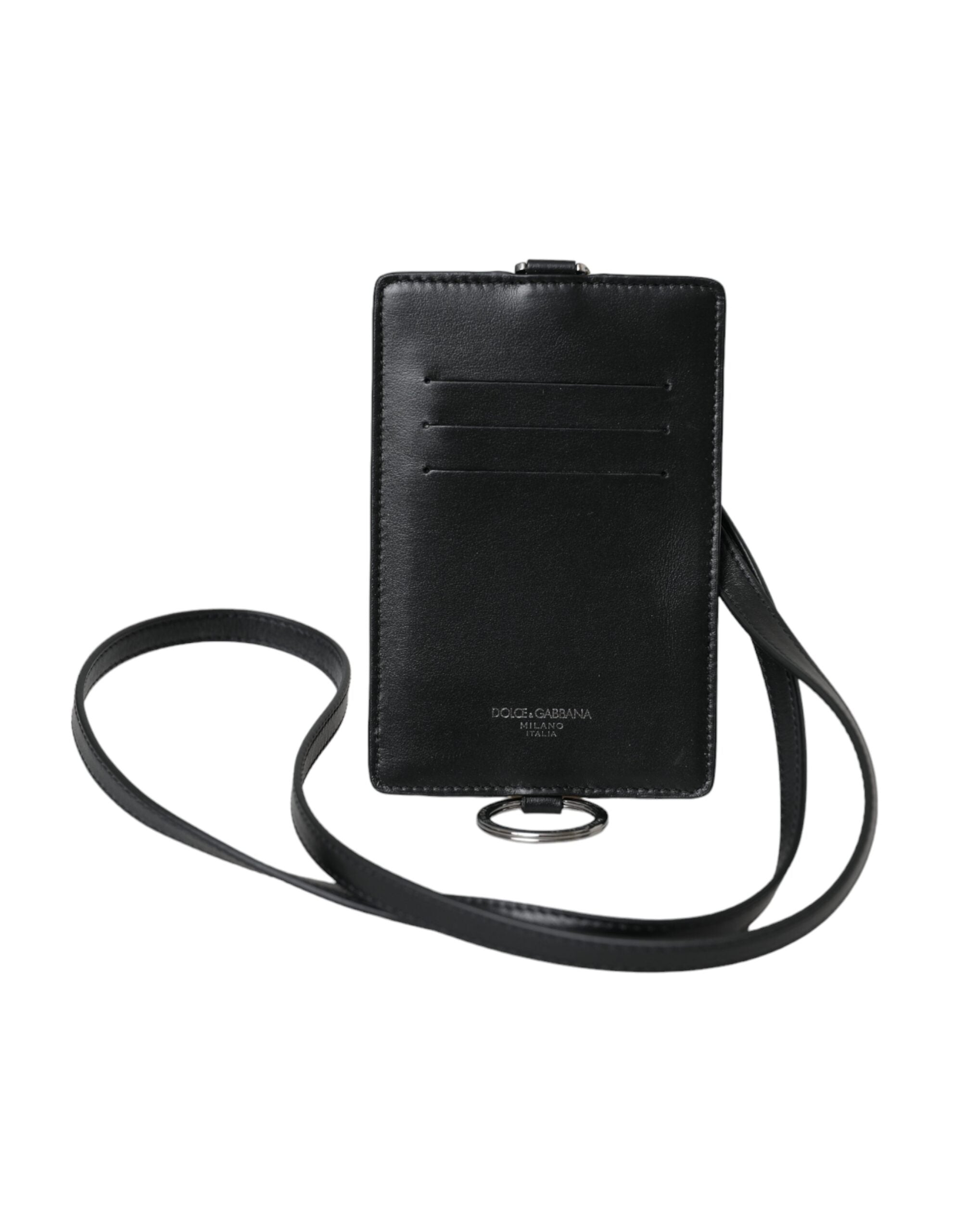 Dolce & Gabbana Herren-Geldbörse mit Logo und Lanyard aus schwarzem Kalbsleder