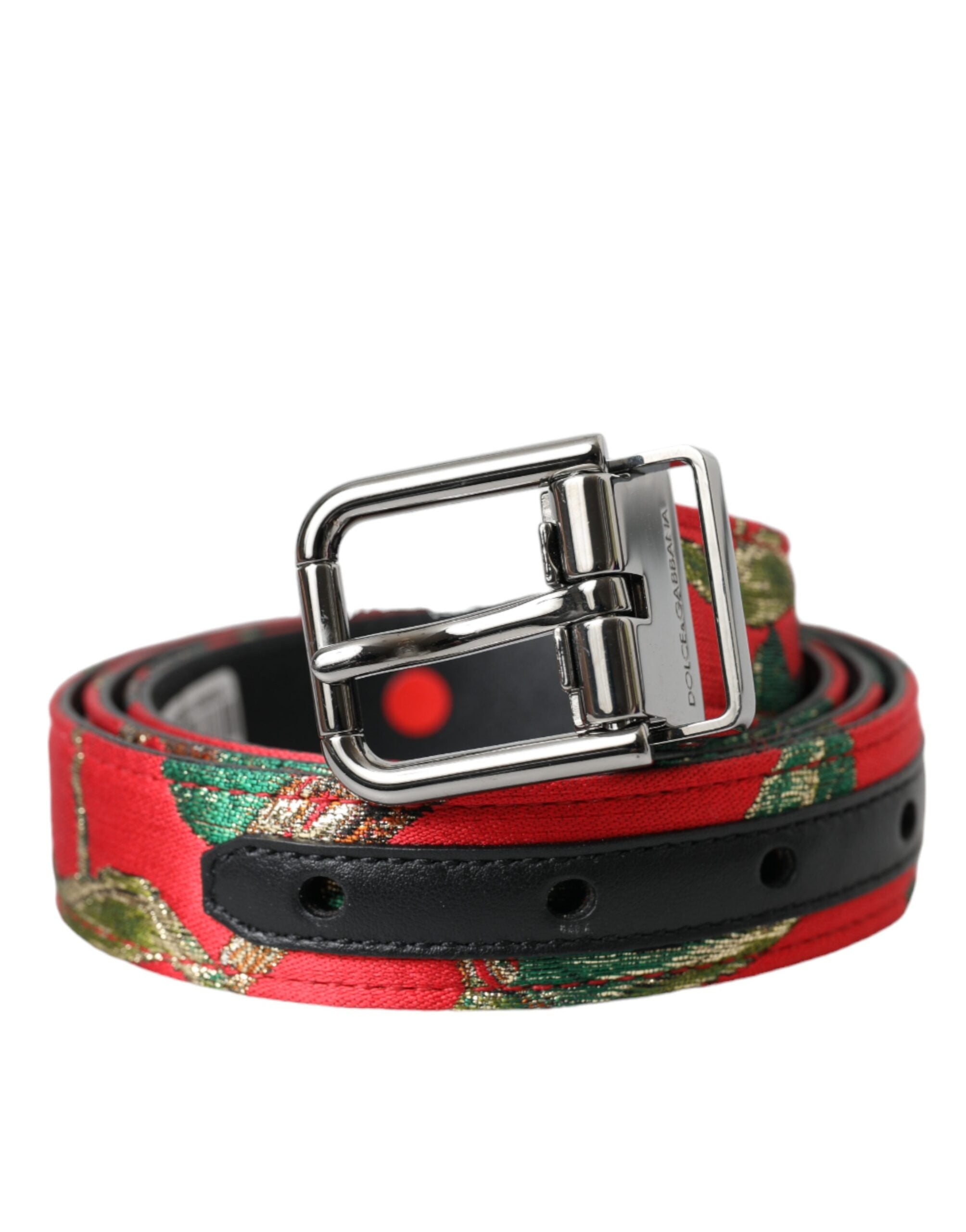Dolce & Gabbana – Roter Jacquard-Ledergürtel mit silberner Metallschnalle