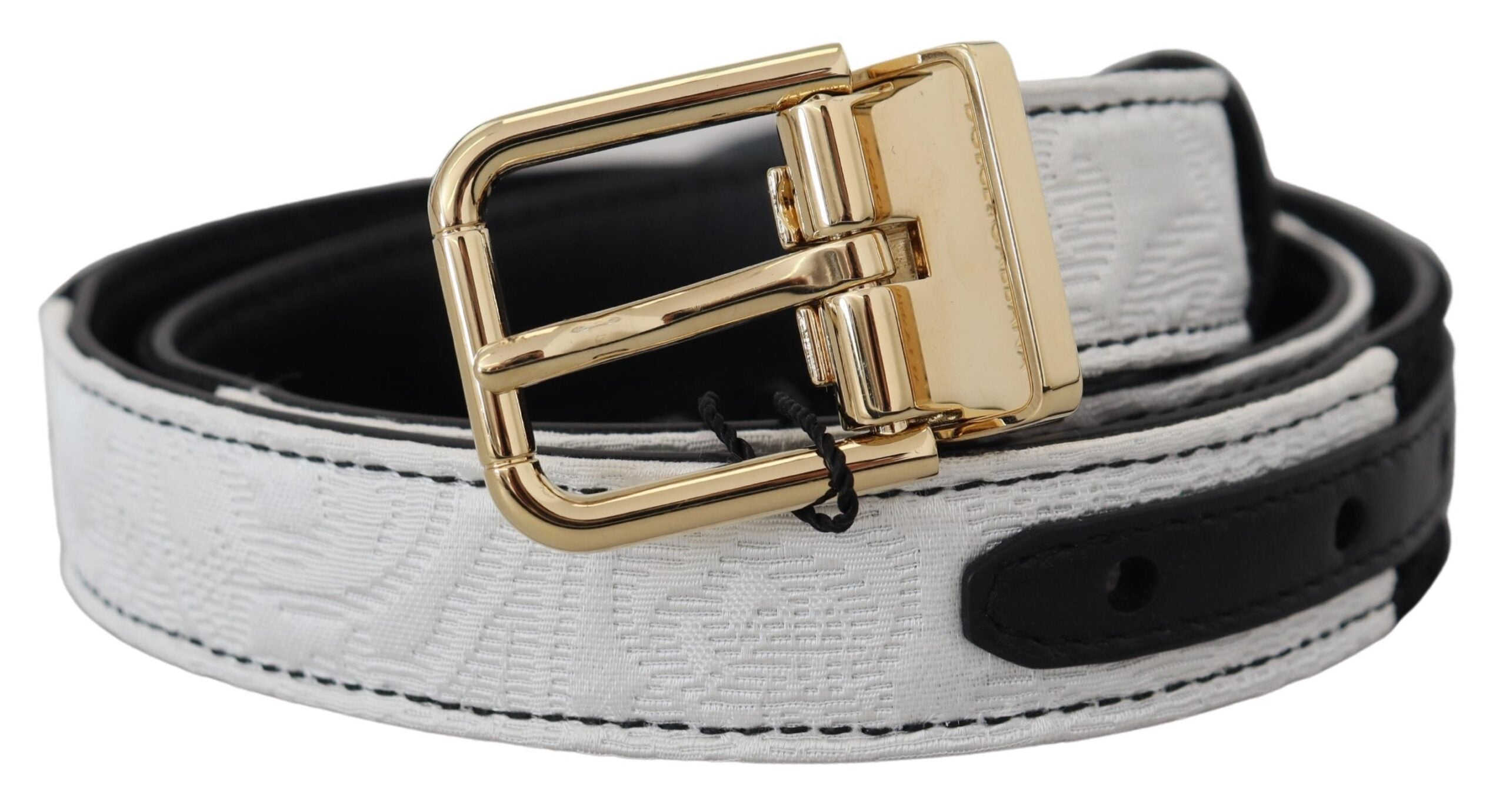 Dolce & Gabbana Weiß-Schwarzer Patchwork-Gürtel mit goldener Metallschnalle