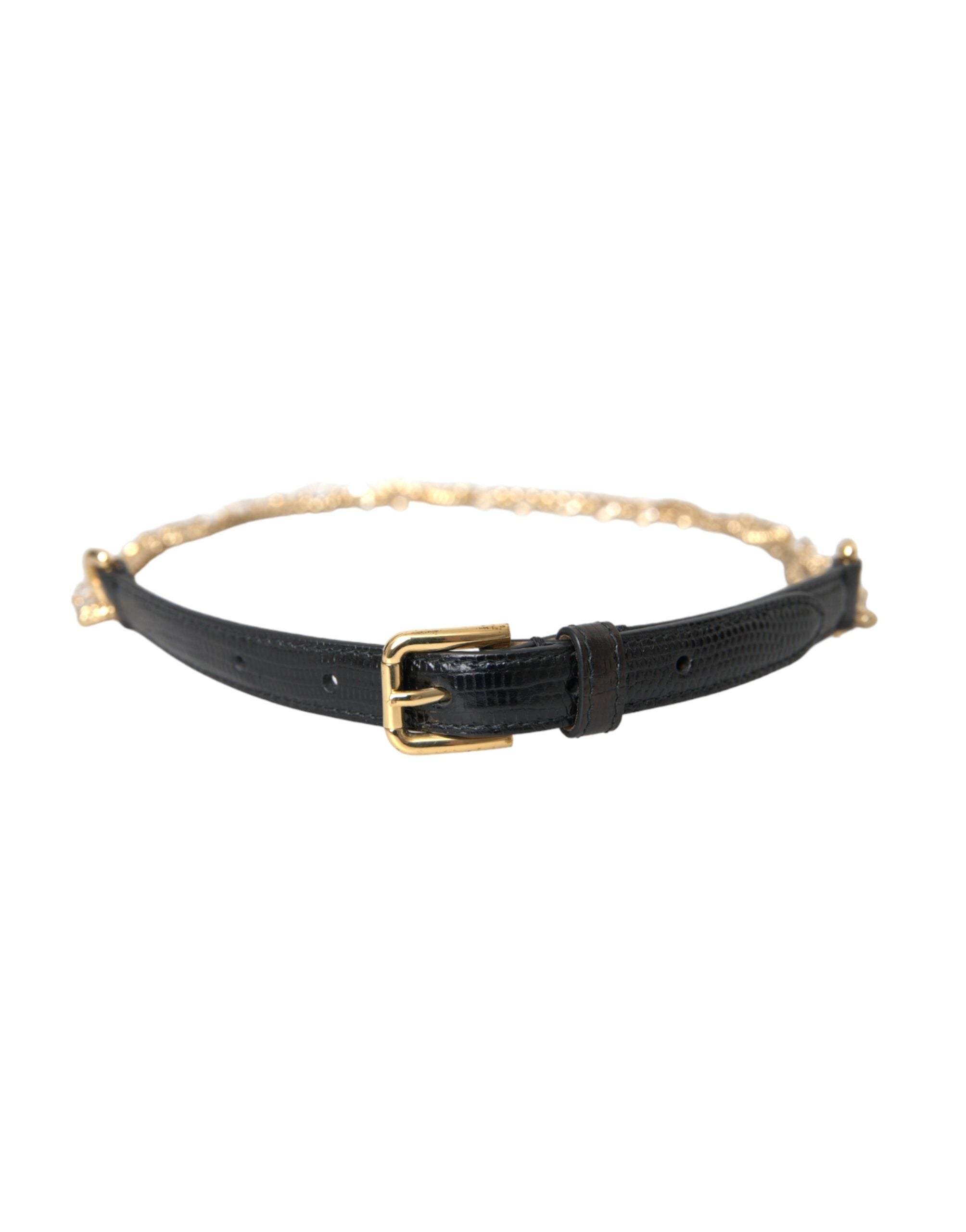 Dolce & Gabbana Damen-Taillengürtel aus schwarzem Leder mit Goldkette und Kristallen