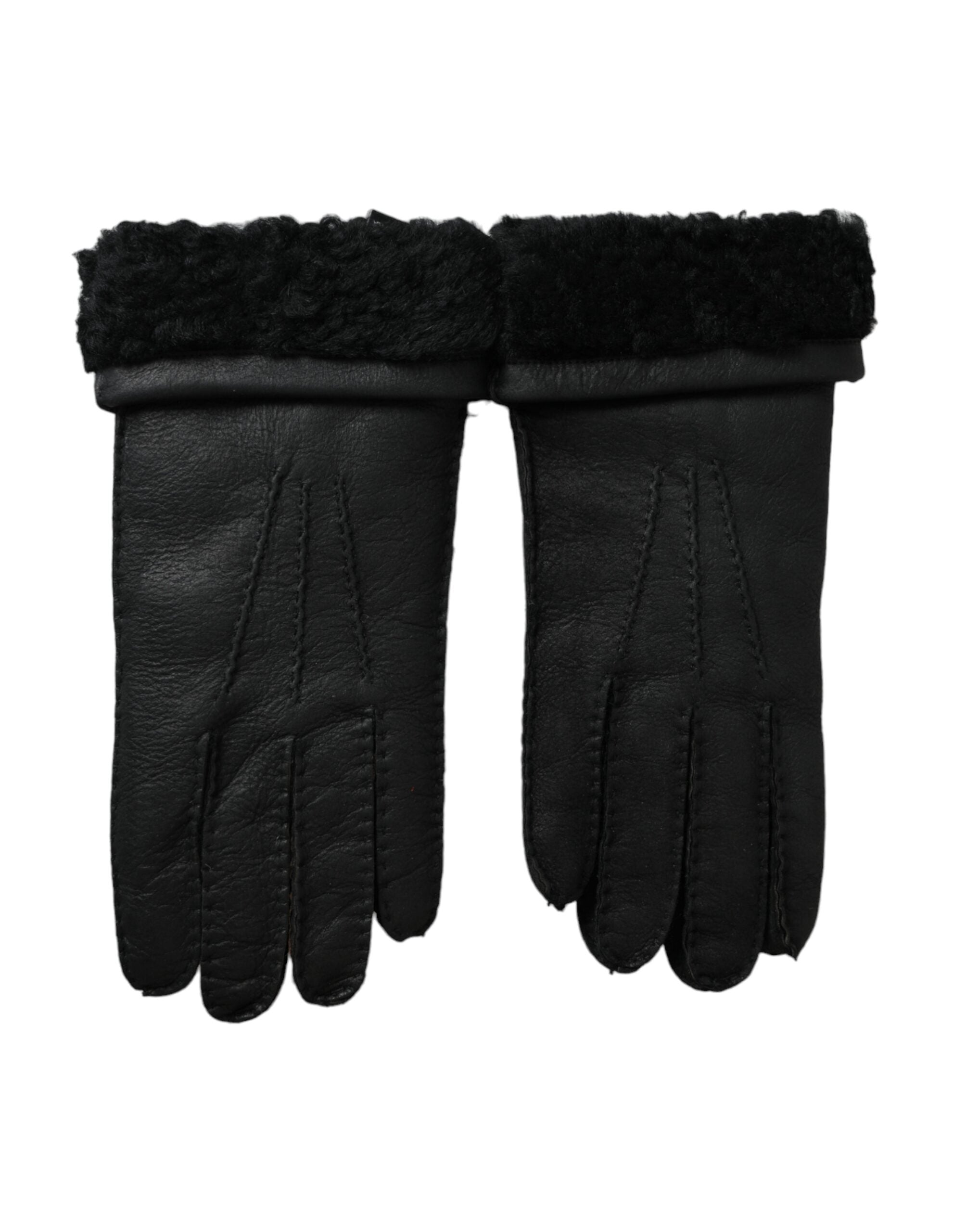 Gants courts en cuir et fourrure noirs Dolce & Gabbana