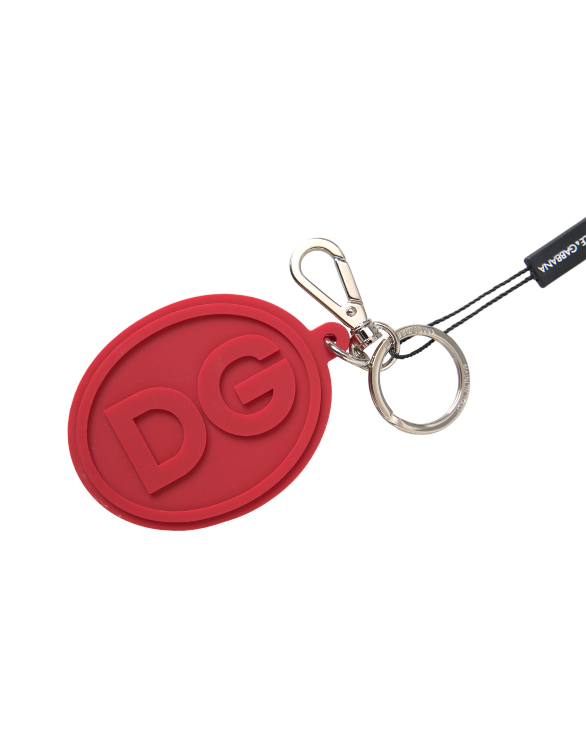 Dolce & Gabbana Schlüsselanhänger mit DG-Logo aus rotem Gummi und silbernem Messing