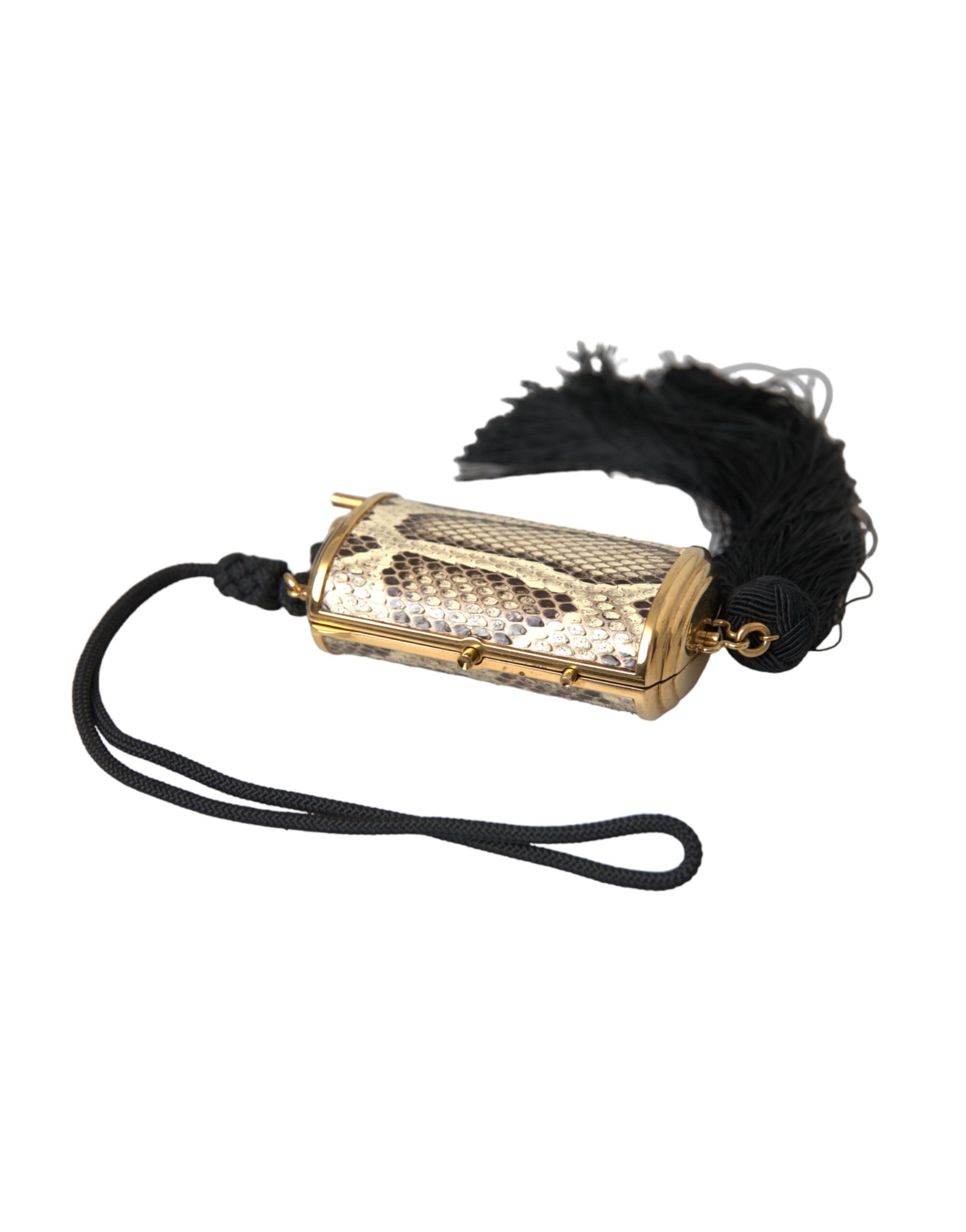 Dolce & Gabbana – Make-up-Tasche aus exotischem Leder mit Mini-Spiegel und Quaste in Beige