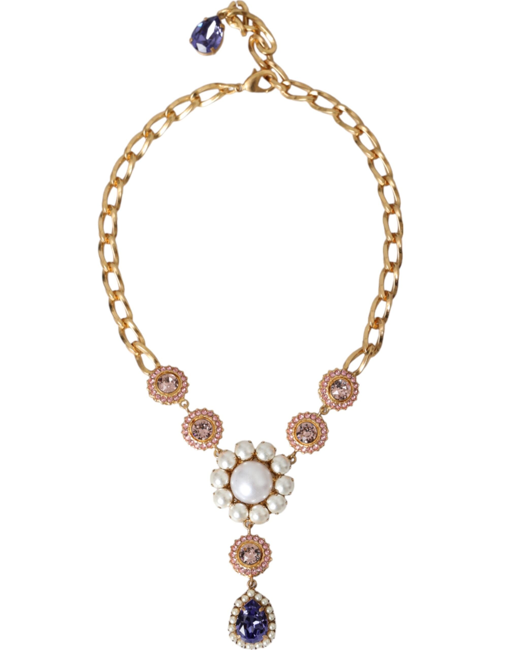 Collier Dolce & Gabbana avec pendentifs en laiton doré et perles violettes et roses