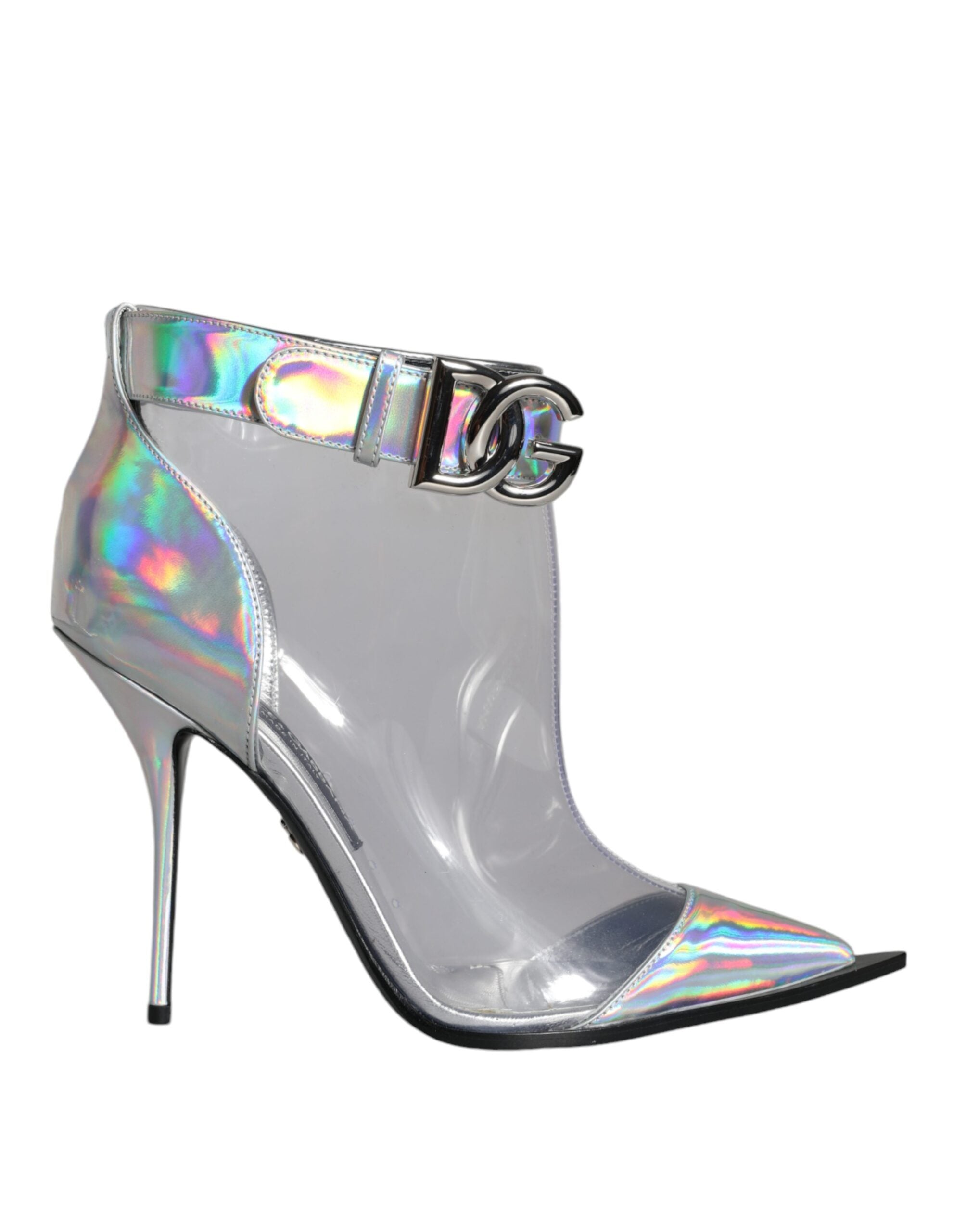 Dolce & Gabbana – Kurze Stiefel aus schillerndem PVC in Silber mit spitzer Spitze