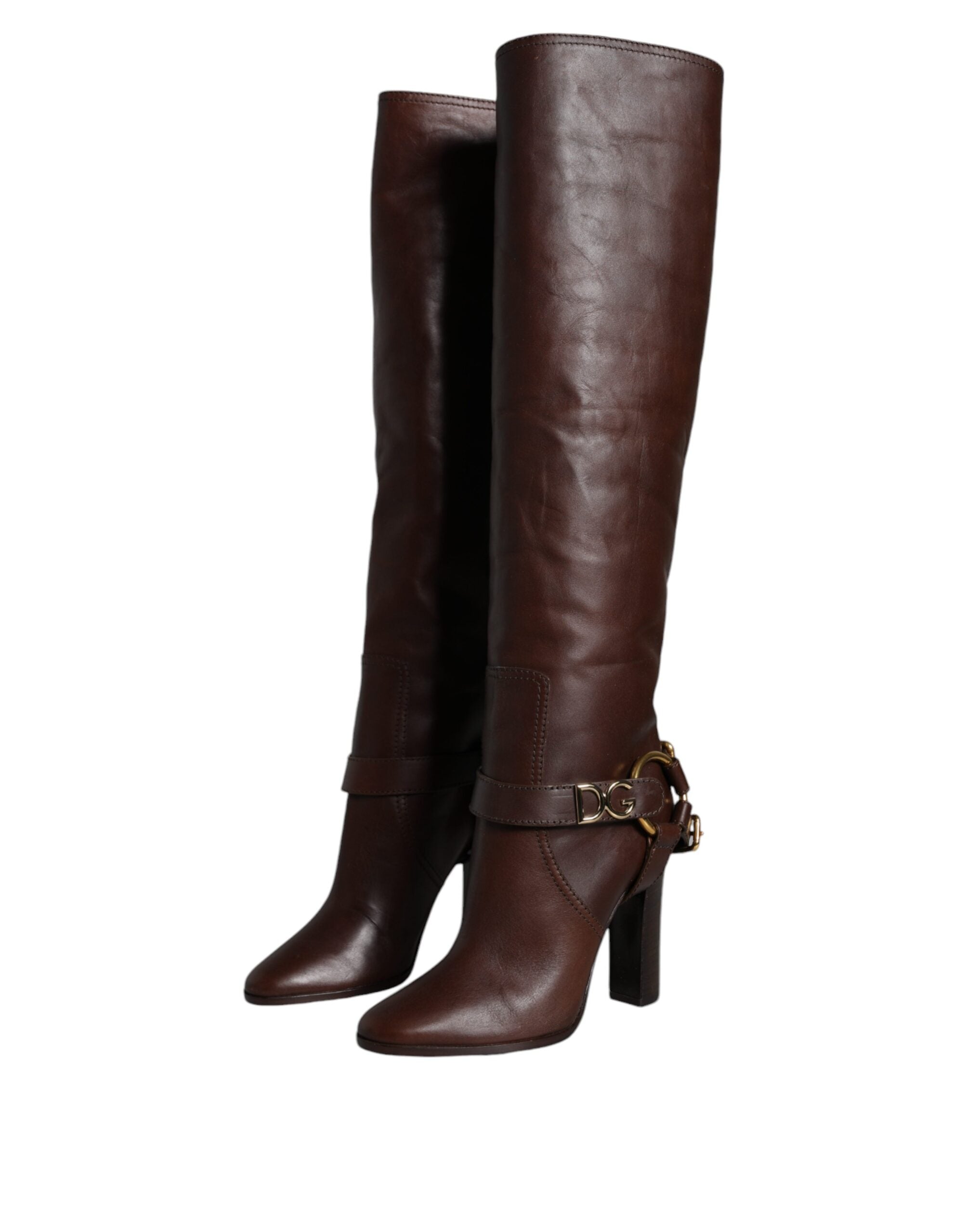 Bottes hautes en cuir marron Dolce & Gabbana avec logo doré