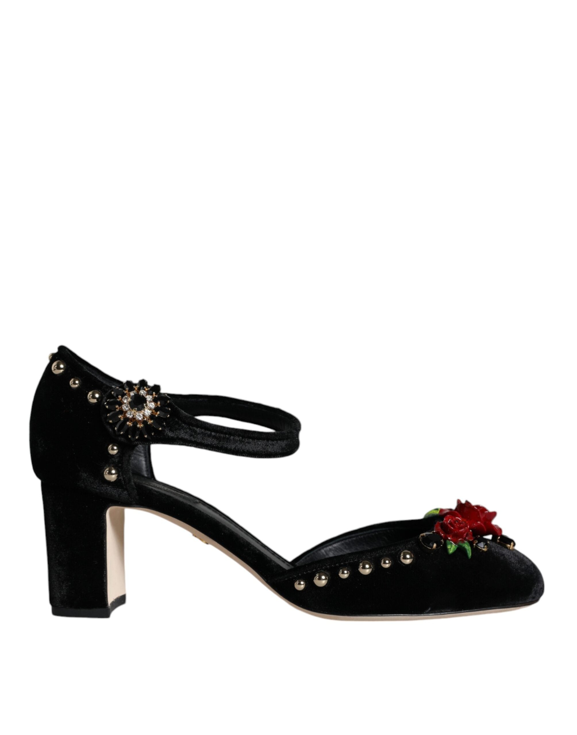 Dolce & Gabbana – Pumps mit Knöchelriemen und Rosenmuster in Schwarz