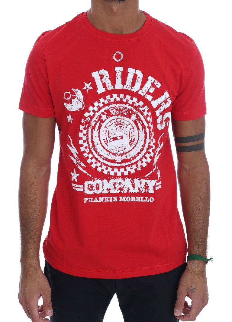 Frankie Morello – Schickes rotes T-Shirt mit Rundhalsausschnitt und „RIDERS“-Motiv