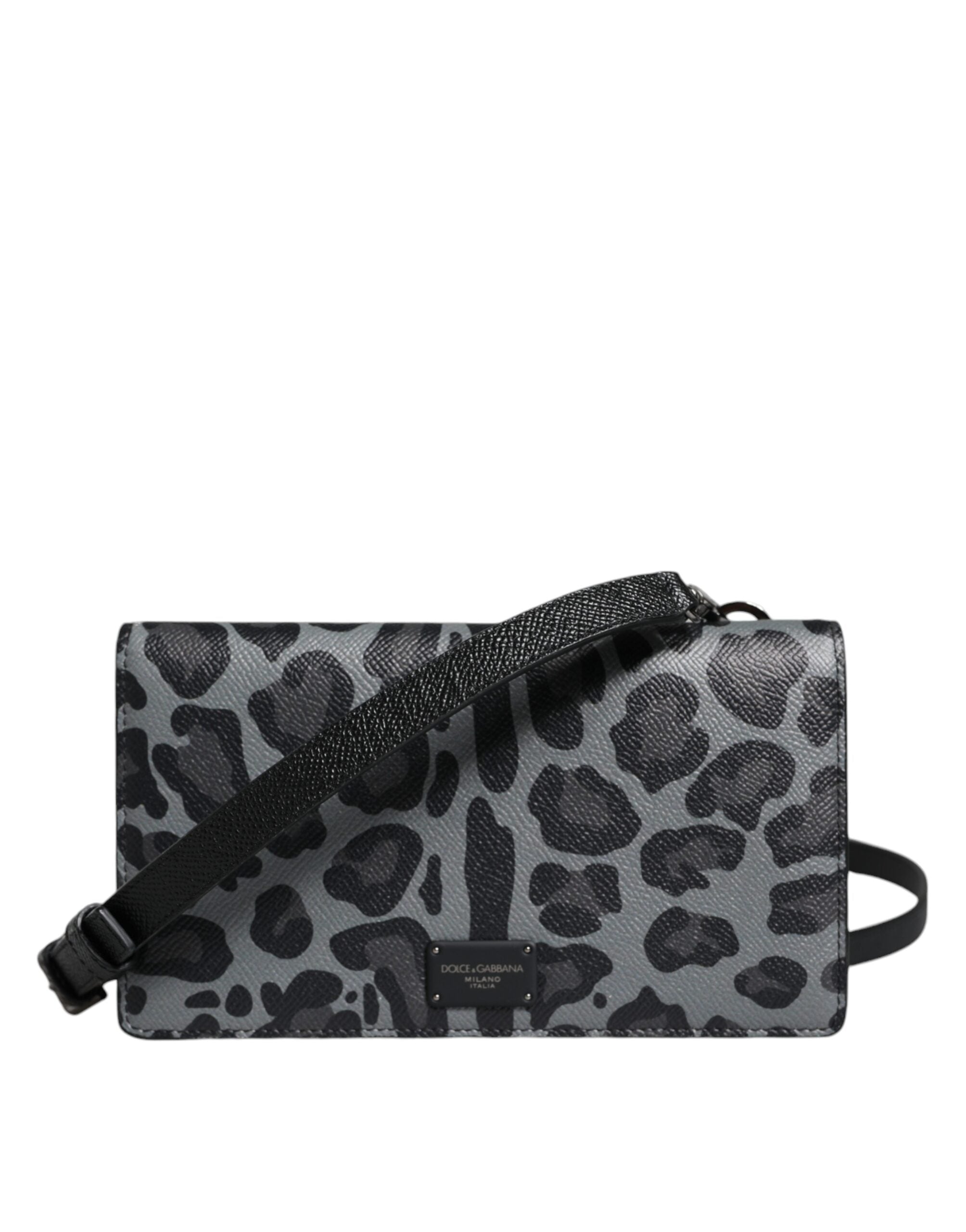 Sac bandoulière Dolce & Gabbana en cuir léopard noir et gris avec deux volets et fentes pour cartes