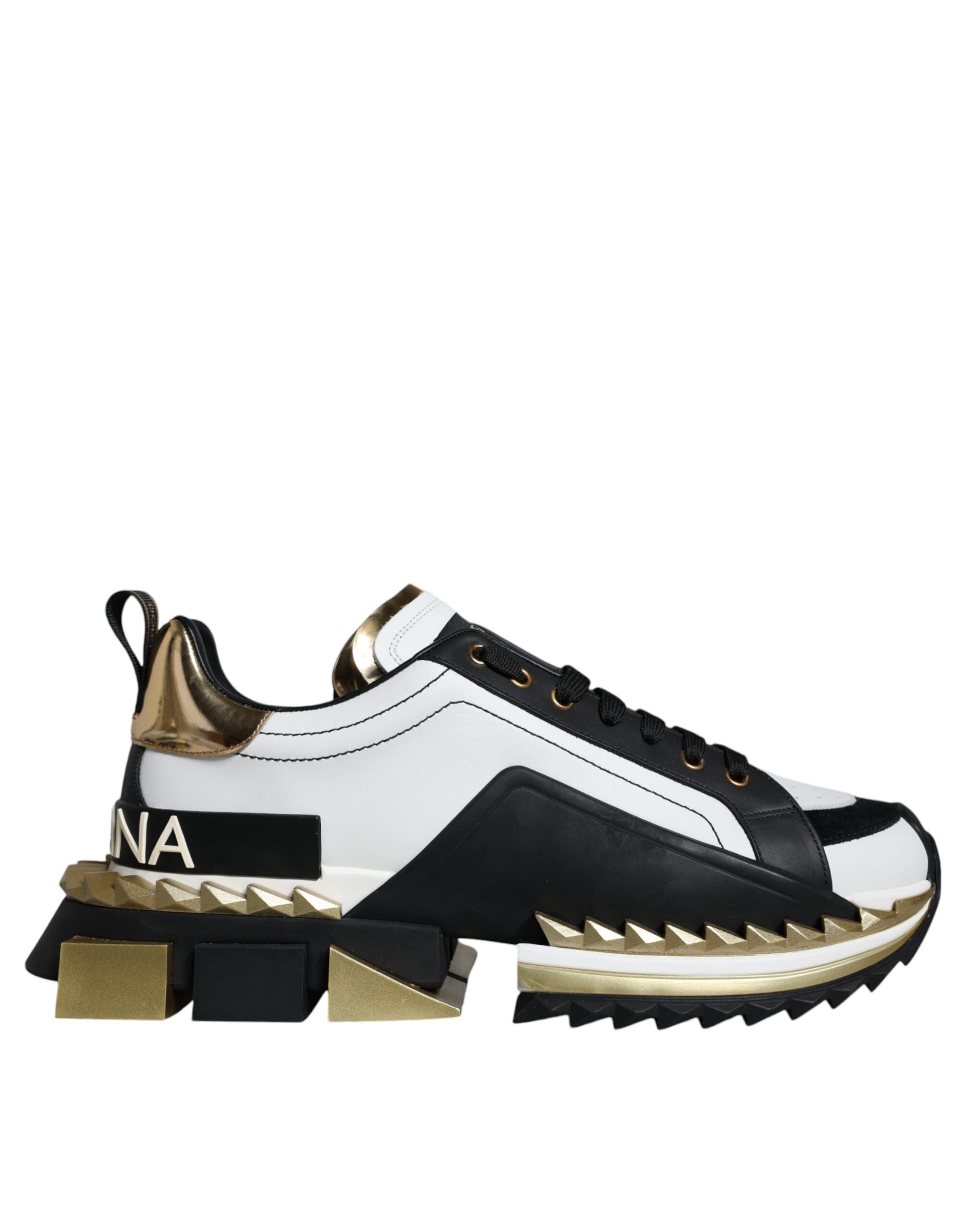 Dolce & Gabbana Weißgold Schwarz Leder SUPER KING Sneakers Schuhe