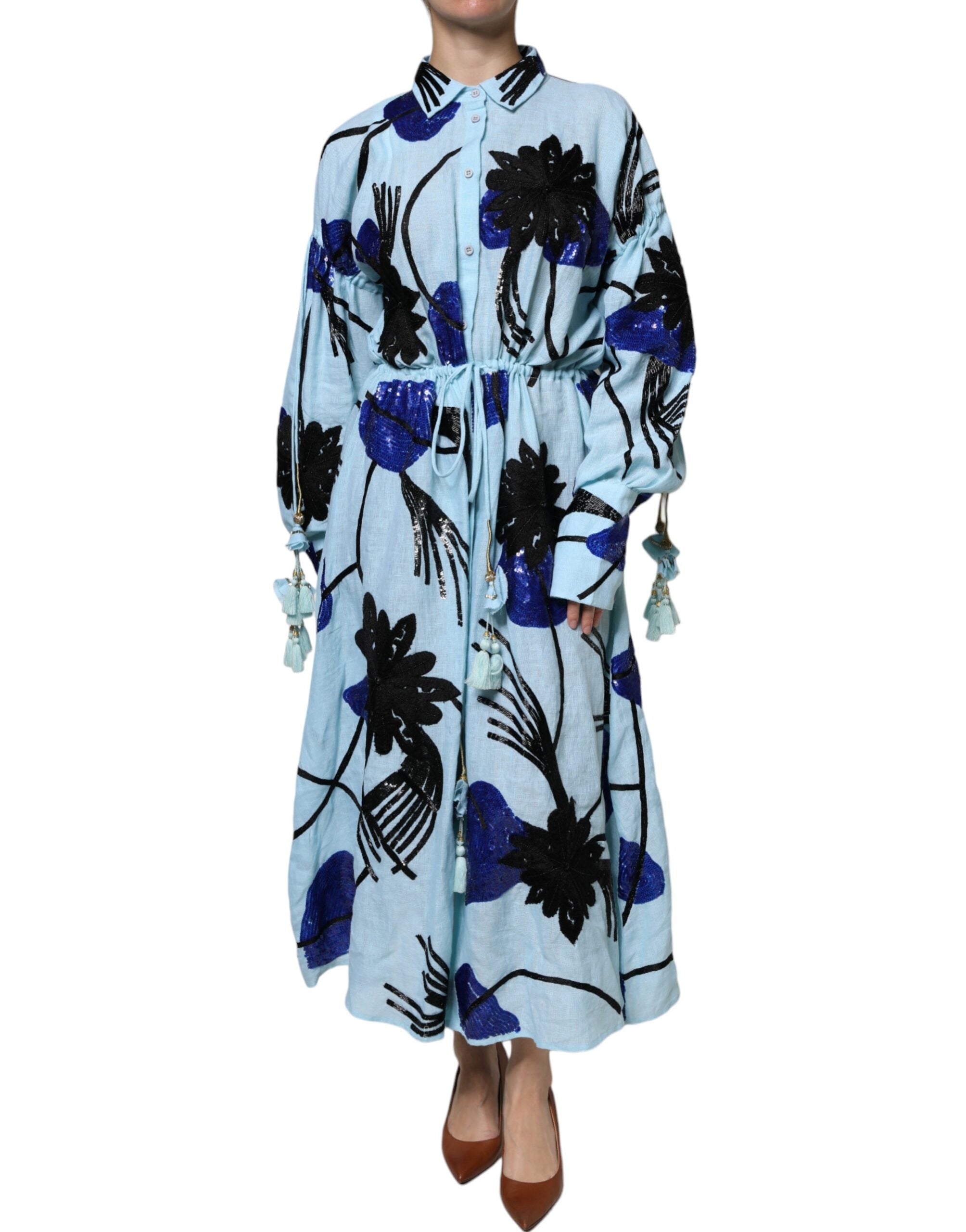 Robe chemise longue bleu clair à fleurs Christian Pellizzari