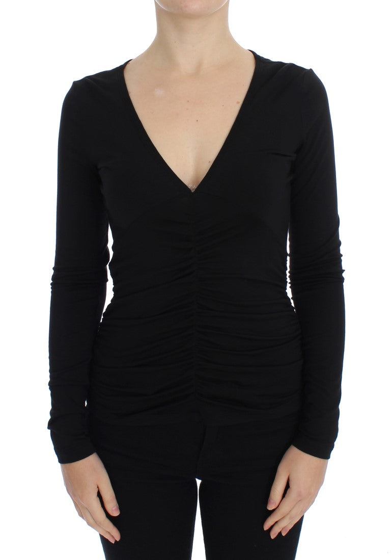 Pull élégant à col en V en viscose mélangée noire Versace Jeans