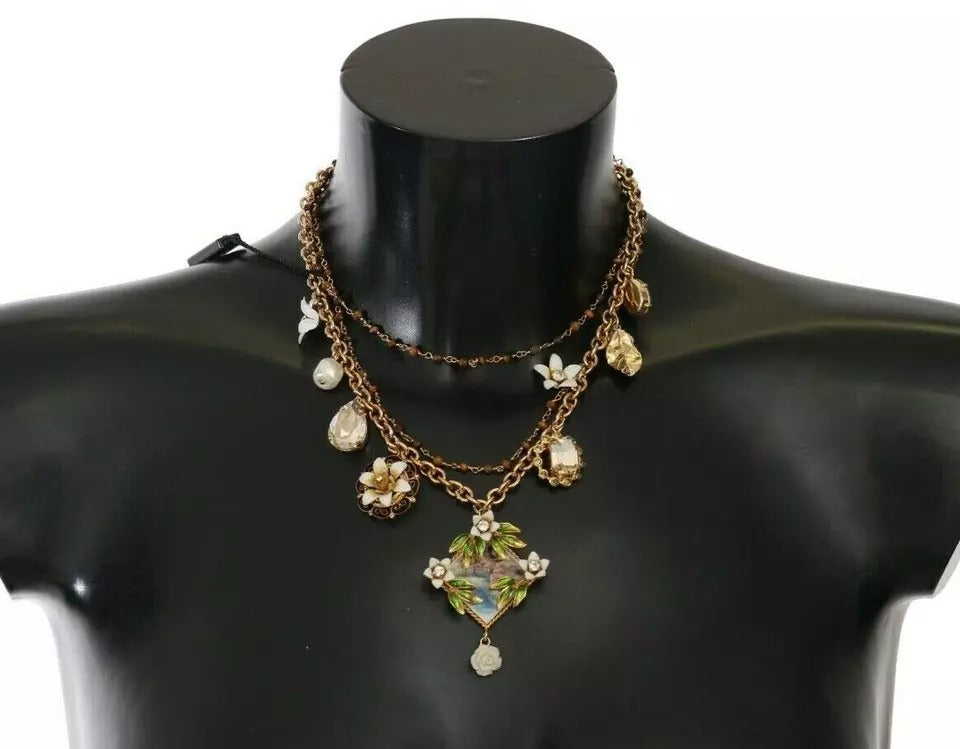 Collier Dolce & Gabbana en laiton doré avec breloques florales en cristal
