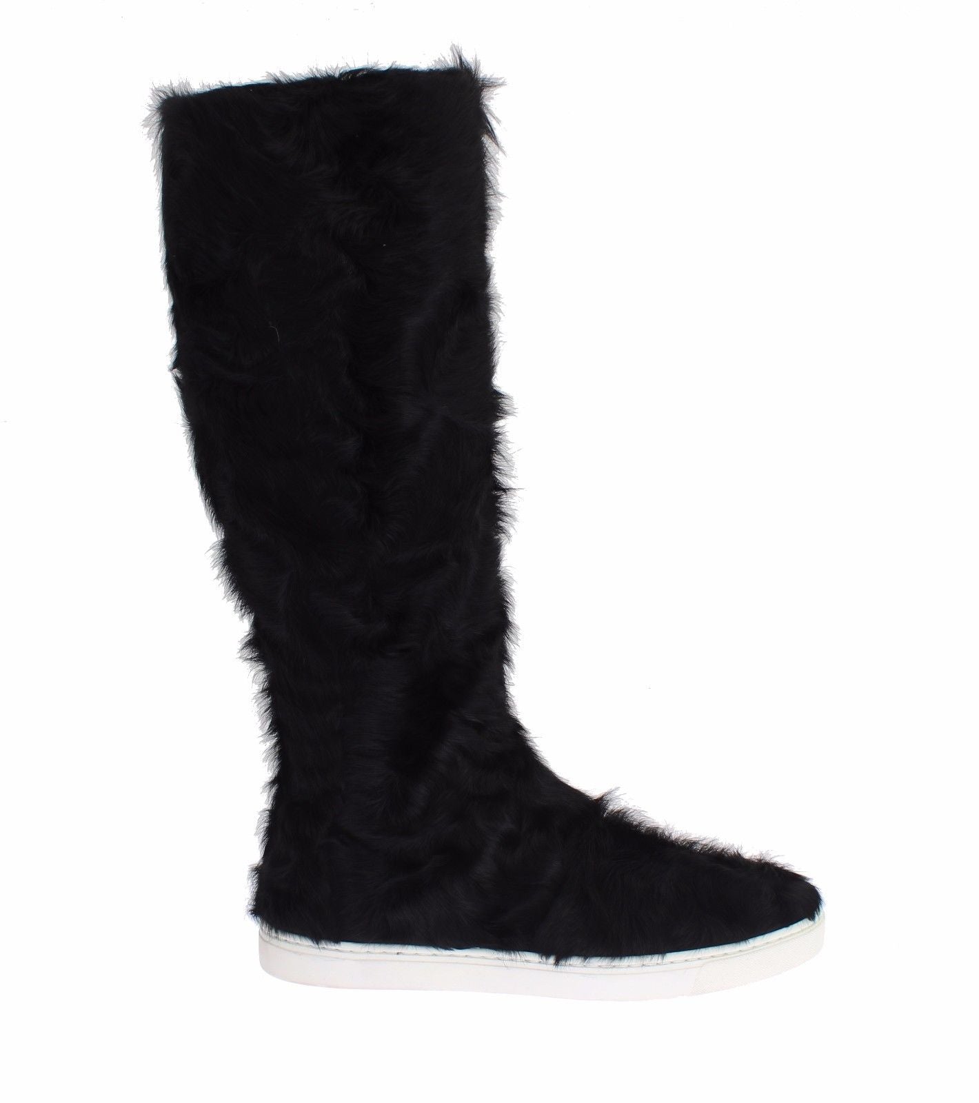 Dolce & Gabbana Elegante flache Sneaker-Stiefel aus schwarzem Pelzleder