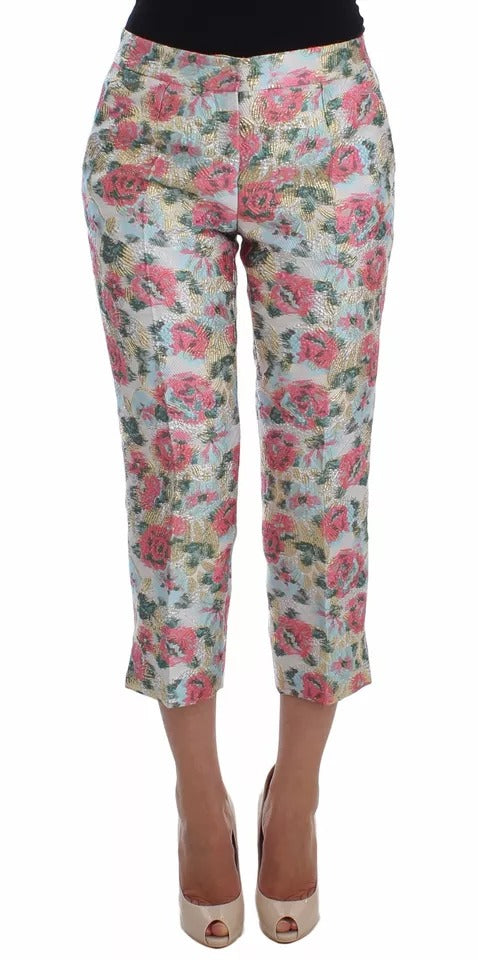 Pantalon en brocart fleuri blanc et rose Dolce & Gabbana