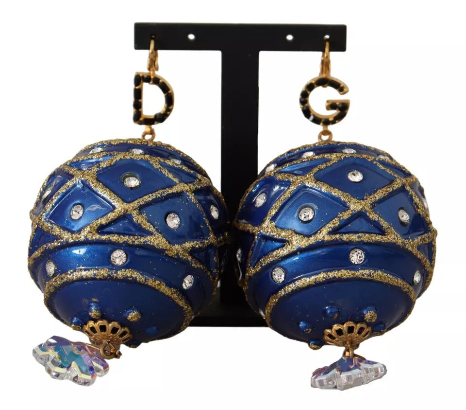 Boucles d'oreilles crochet Dolce & Gabbana en laiton doré et cristal bleu boule de Noël