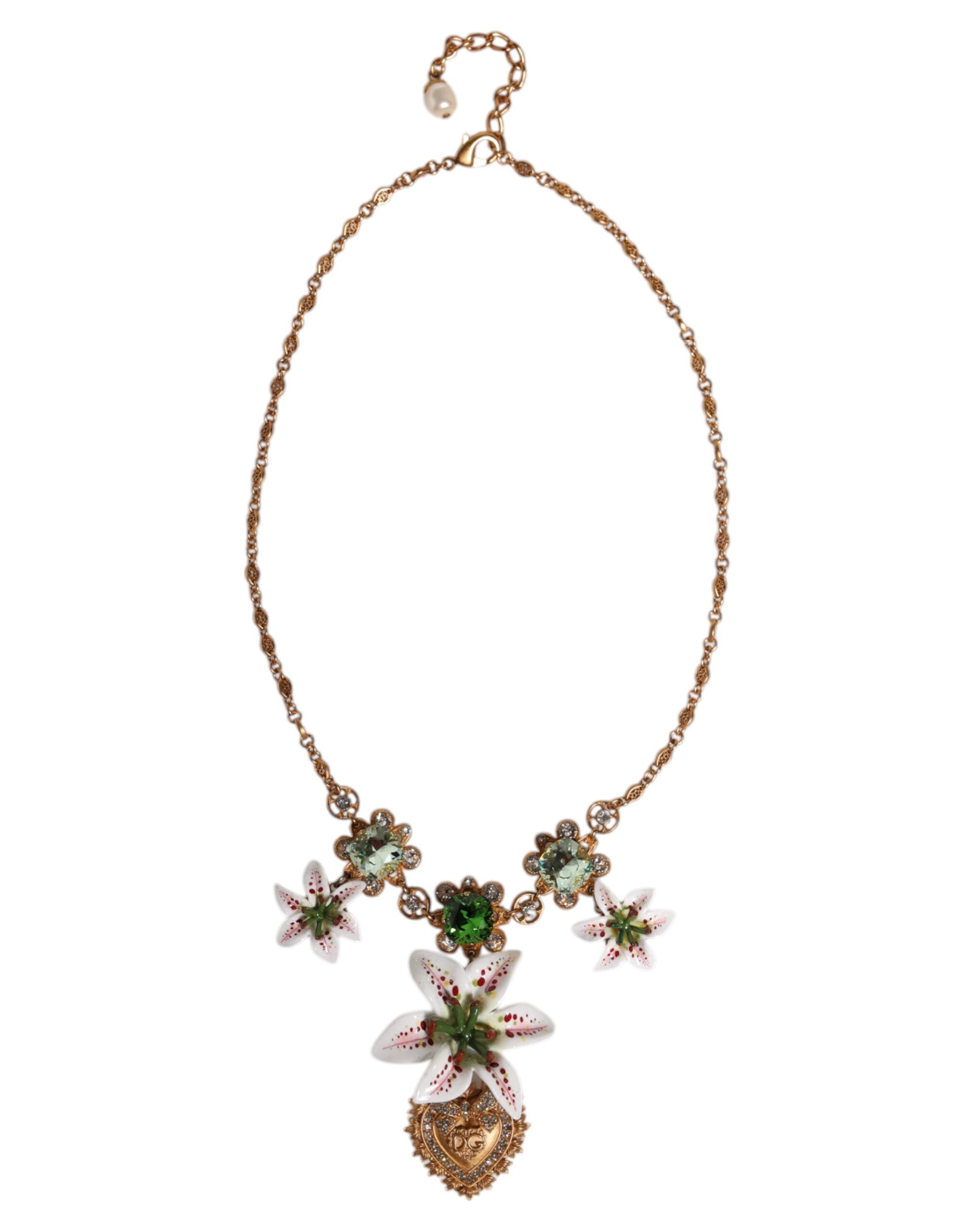 Collier Dolce & Gabbana avec pendentif en laiton doré et cristal de lys, symbole du Sacré-Cœur