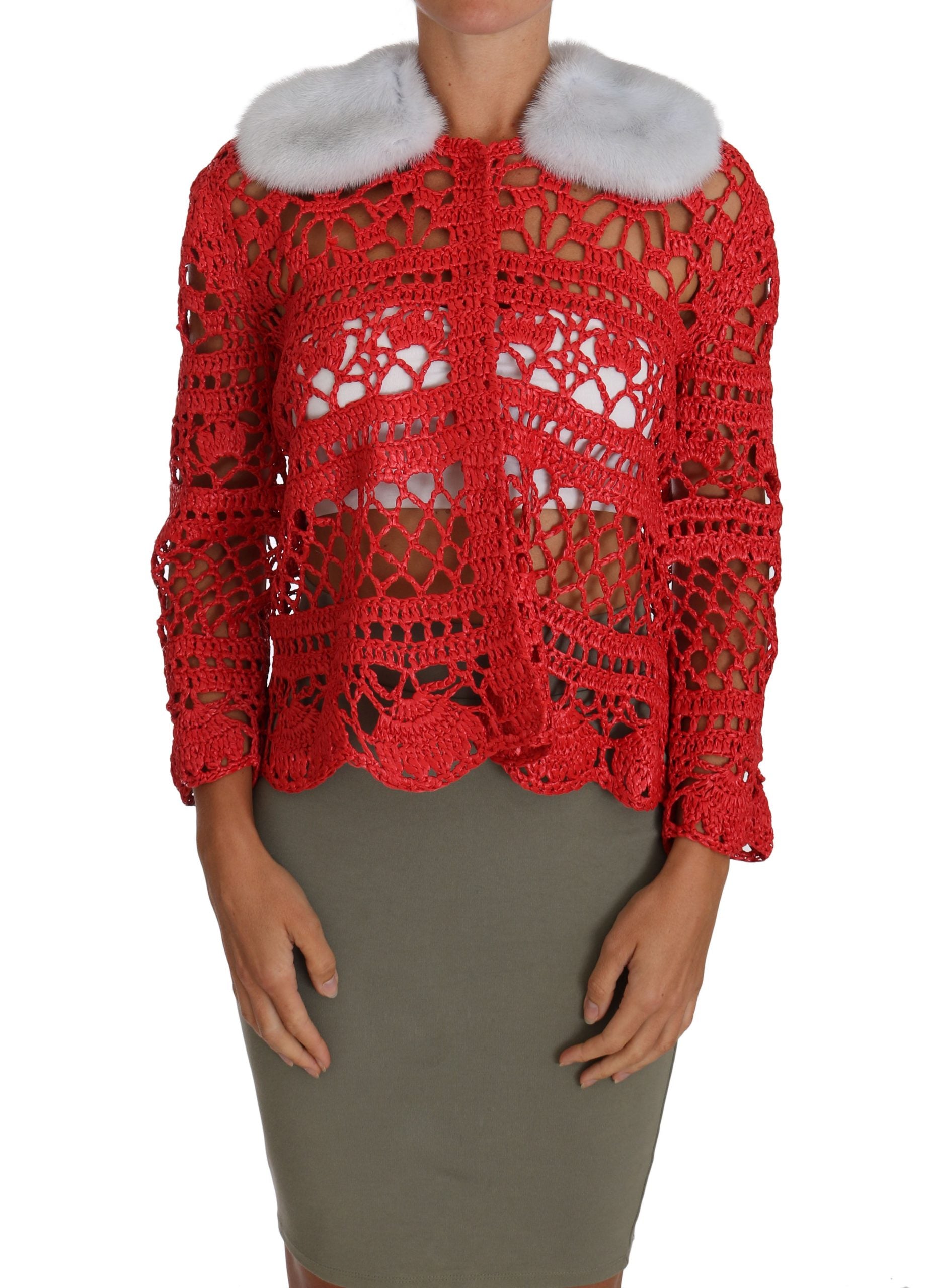 Dolce & Gabbana Elegante rote Häkelstrickjacke mit Pelzkragen