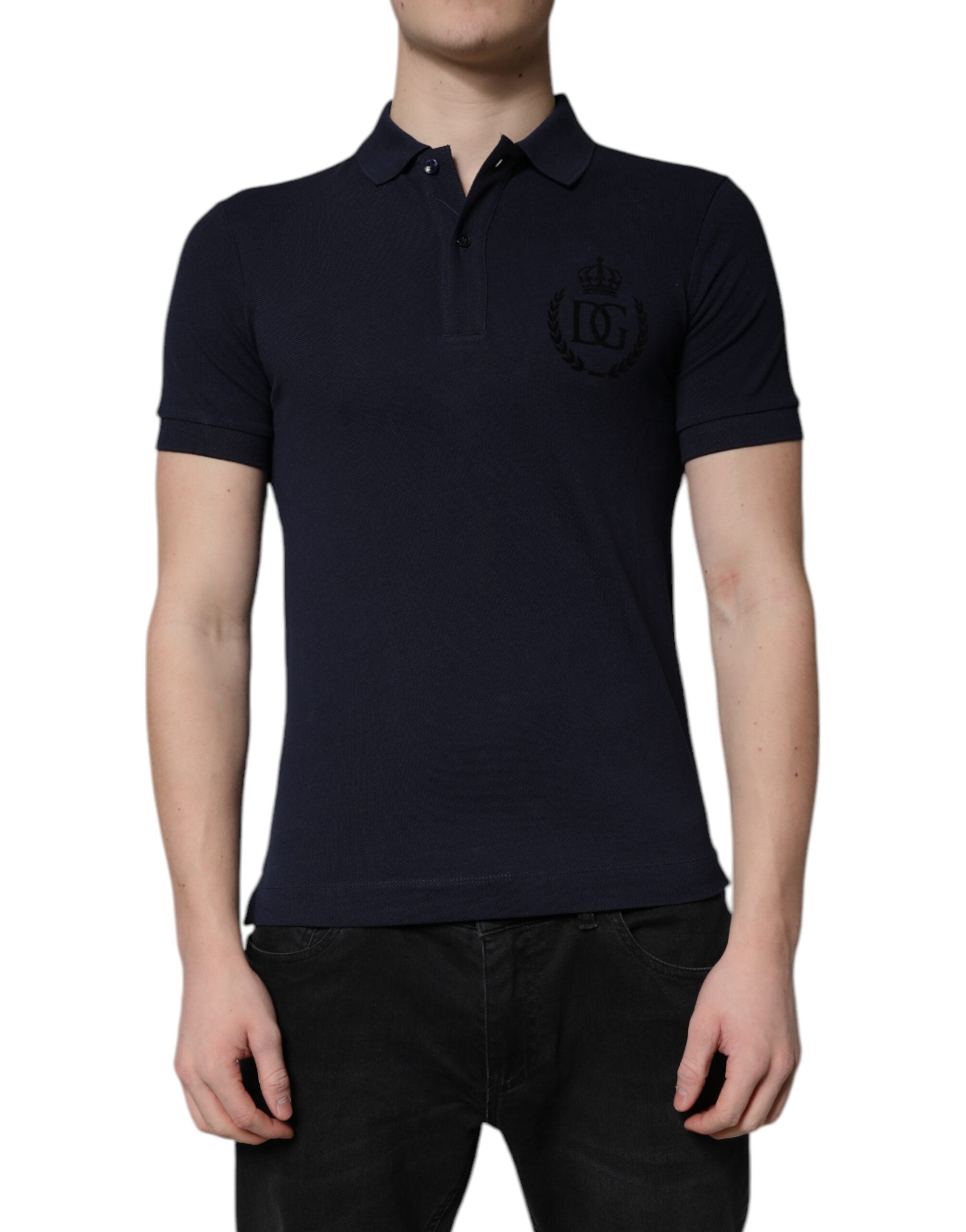 Polo Dolce & Gabbana en coton bleu foncé à col couronne