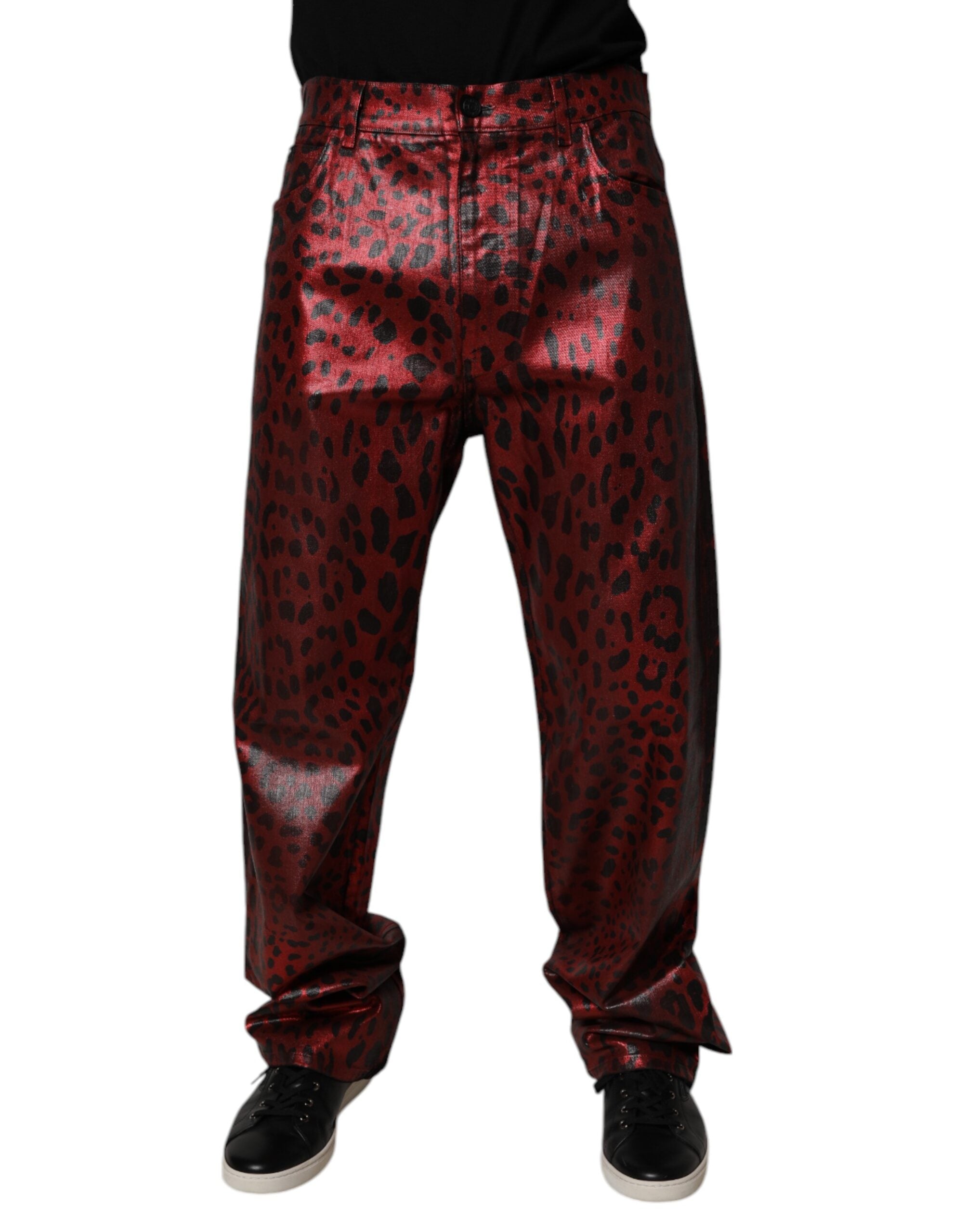 Dolce & Gabbana Rote, gerade geschnittene Jeans aus Baumwolle mit Leopardenmuster für Herren