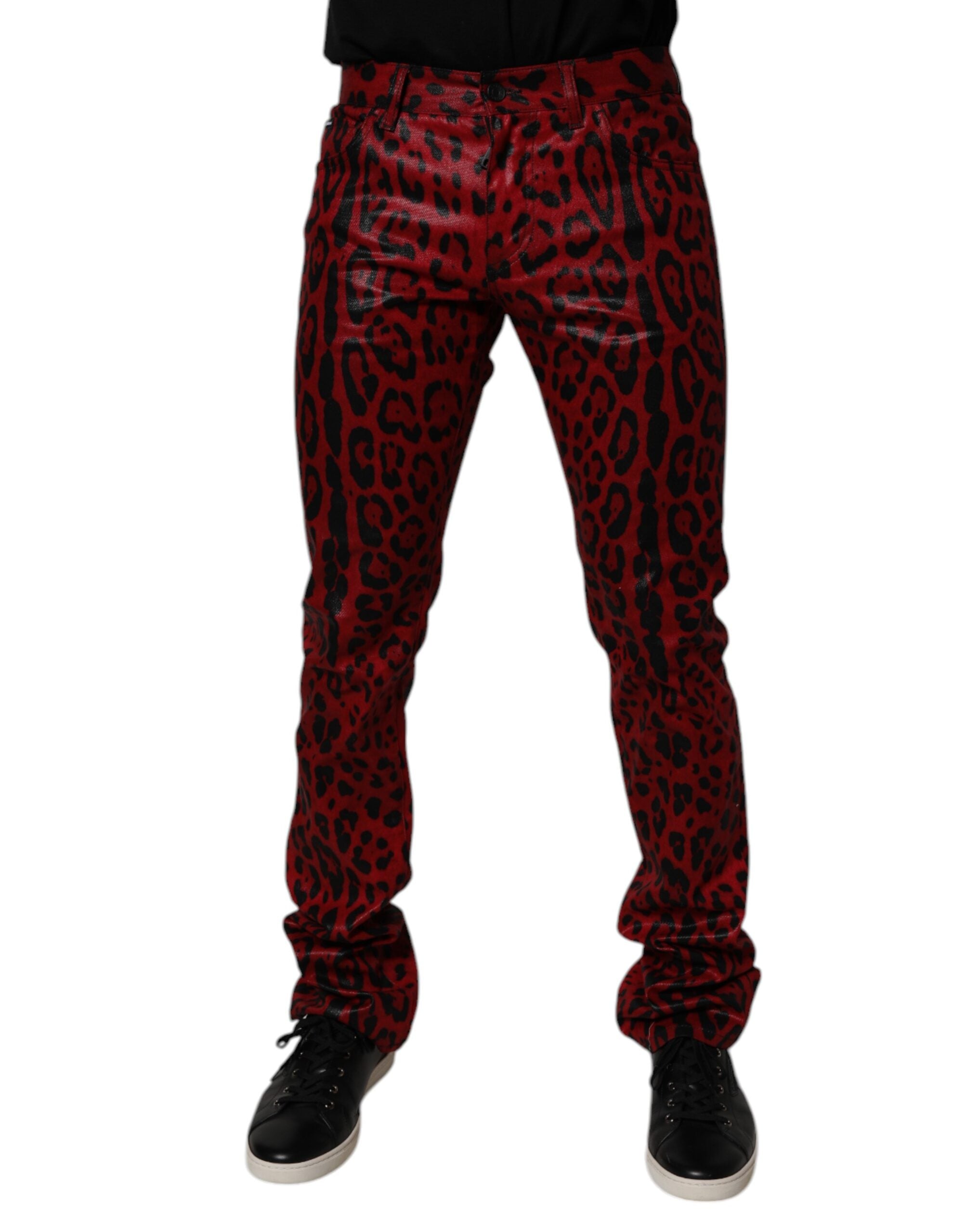 Dolce & Gabbana – Slim Fit-Jeans aus Baumwolle mit Leopardenmuster in Rot