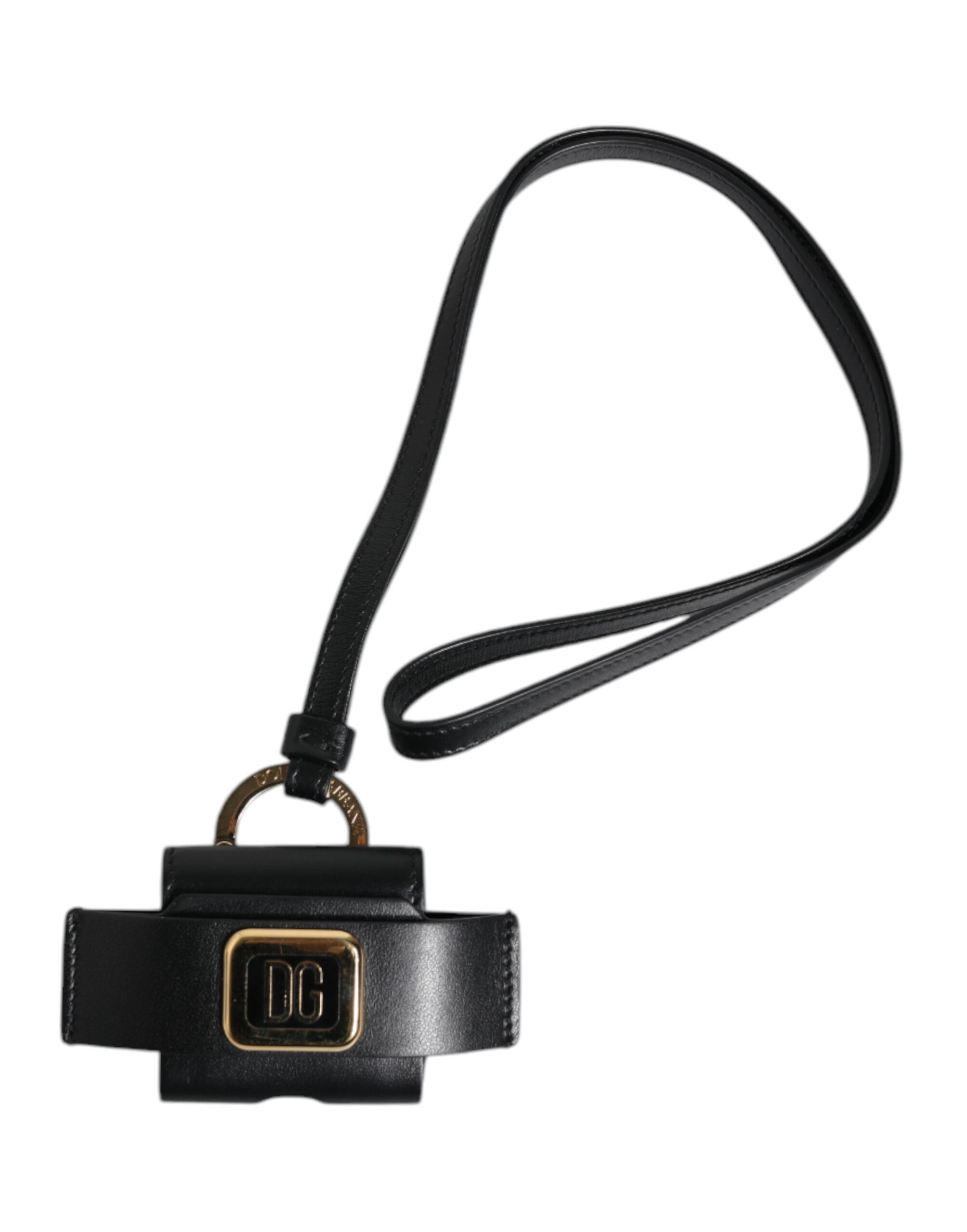 Étui pour Airpods Dolce & Gabbana avec bracelet en cuir noir et plaque logo en métal doré