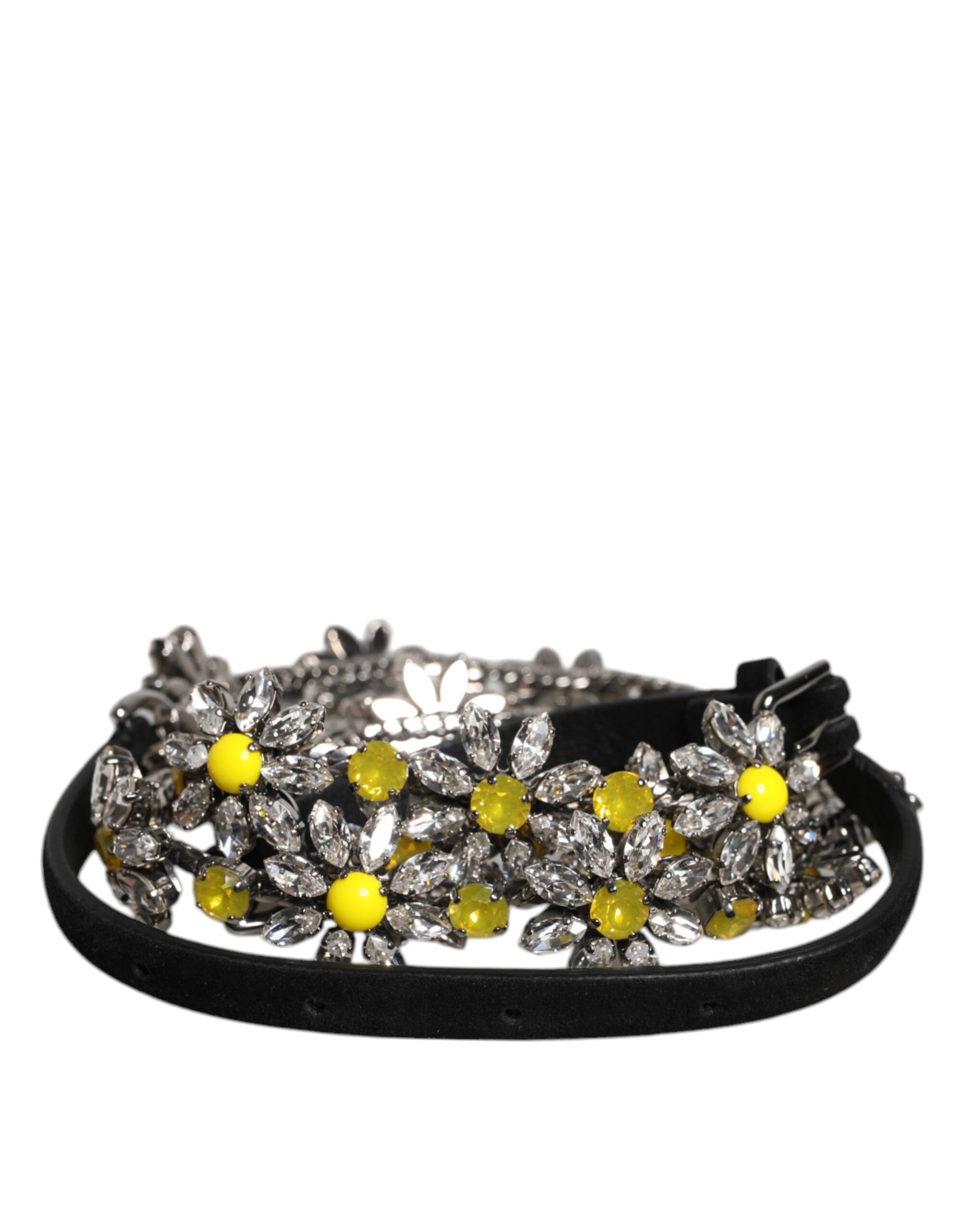 Dolce & Gabbana – Schwarzer Taillengürtel aus Leder mit Gänseblümchen- und Kristallverzierung