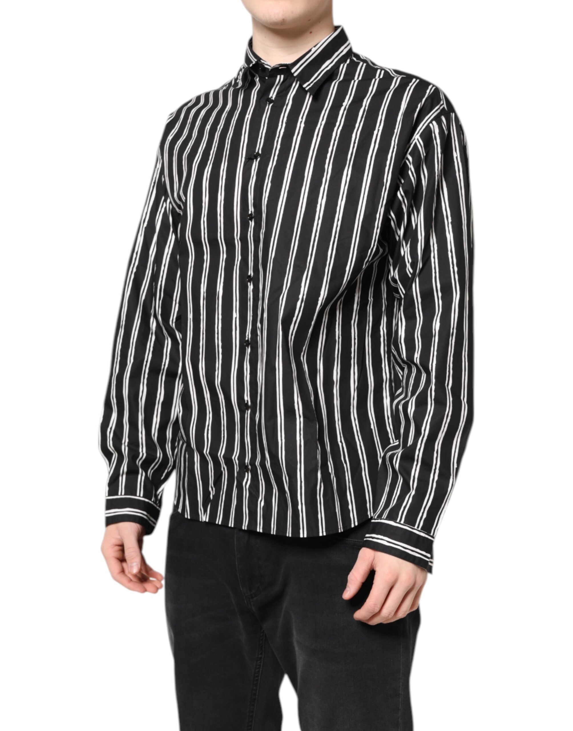 Dolce & Gabbana Black White Striped Cotton Dress Shirt