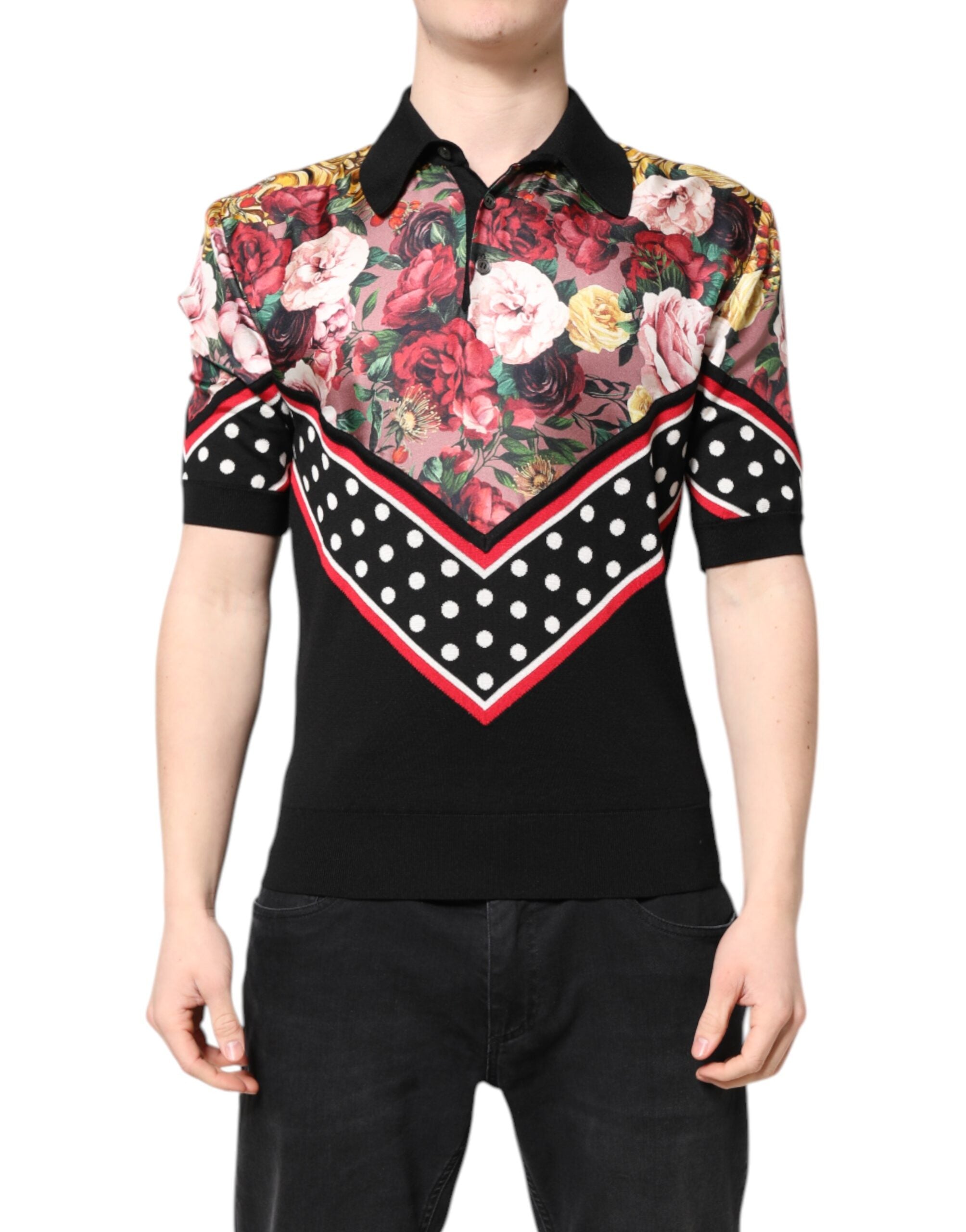 Dolce & Gabbana – Schwarzes, kurzärmliges T-Shirt mit Blumenkragen