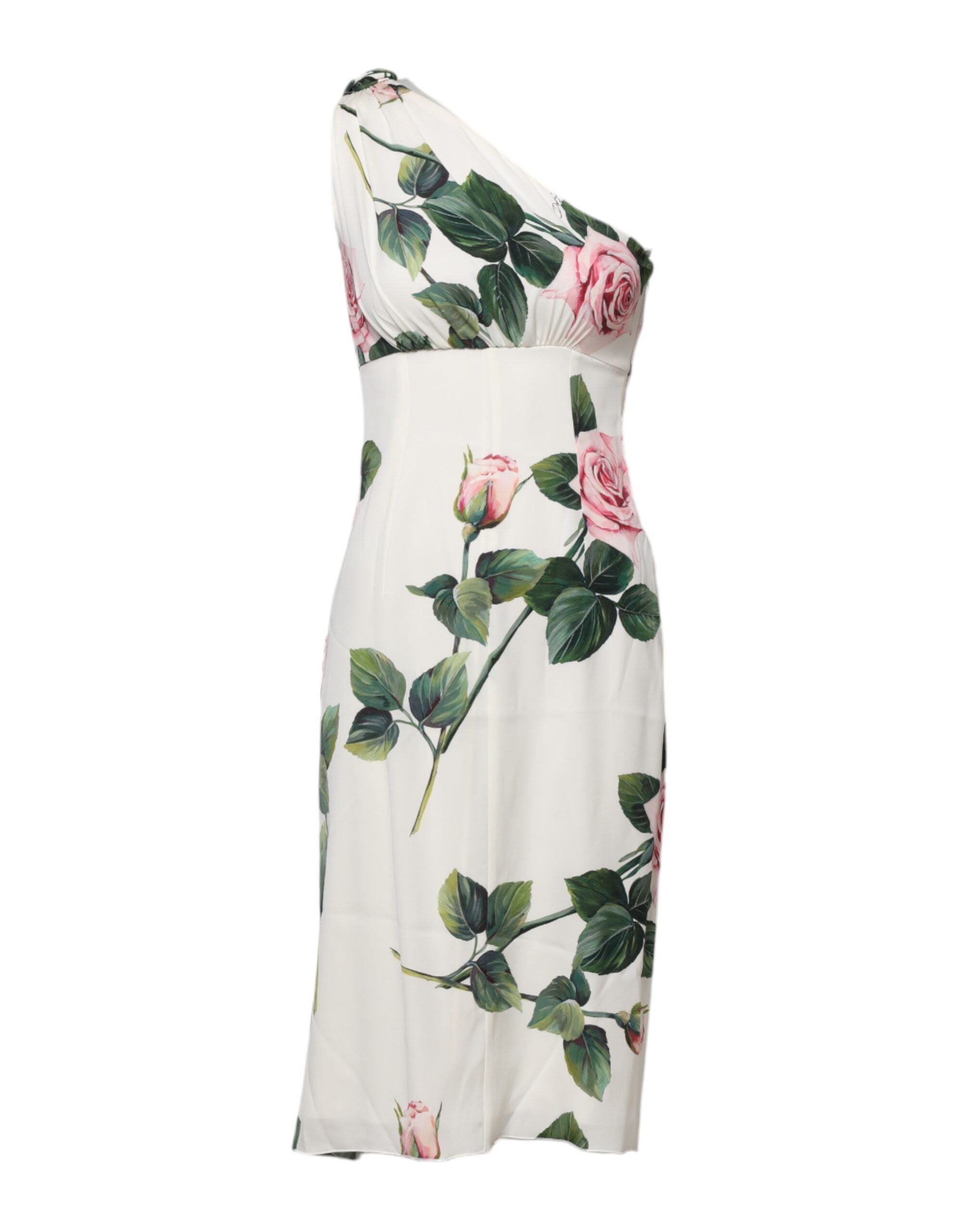 Dolce & Gabbana – Weißes, geblümtes One-Shoulder-Etui-Midikleid